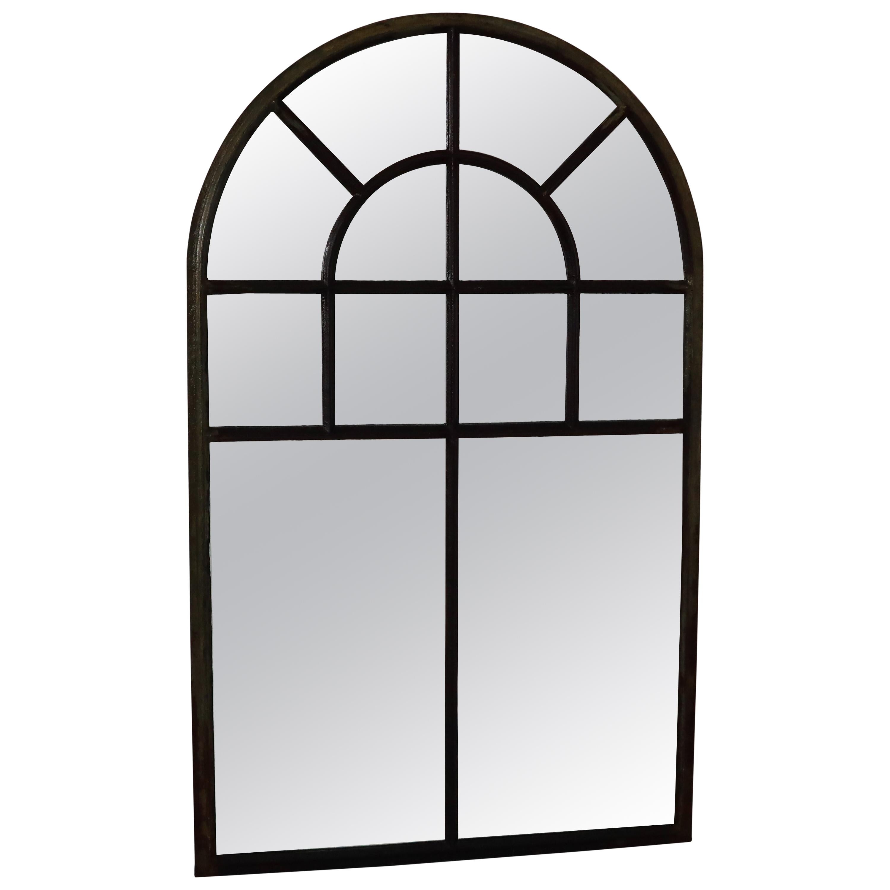 Large Simple Cast Iron Arched Industrial Window with Mirror, France, 1800s