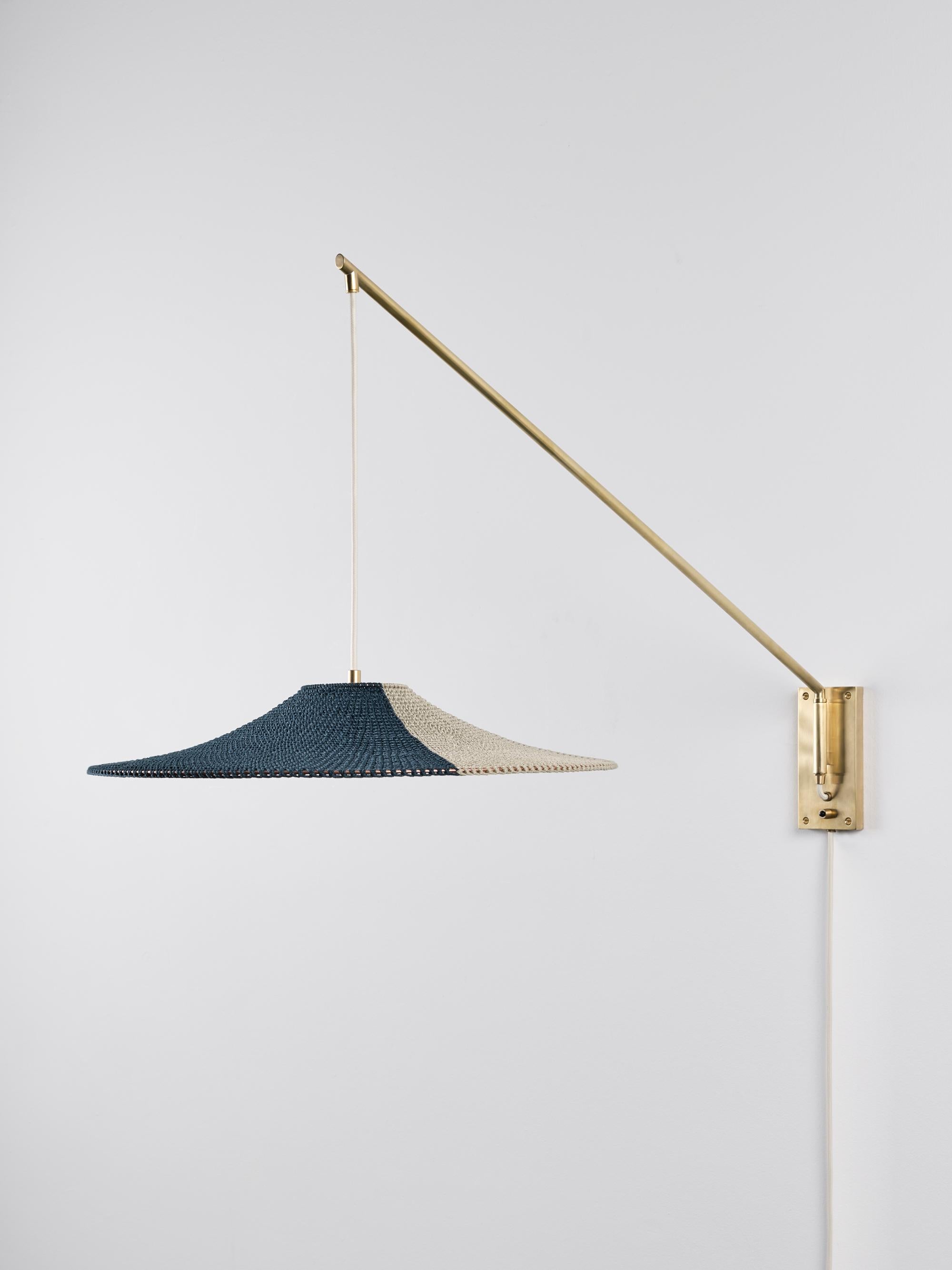 Large simple shade 01 50/50 wall lamp by Naomi Paul
Dimensions: D 50 x W 102 x H 58 cm
Materials: Metal frame, Egyptian cotton cord.
Colors: Deepsea and Putty.
Available in other colors and in 2 sizes: D 30 x W 50, D50 x W 102 cm.
Available in