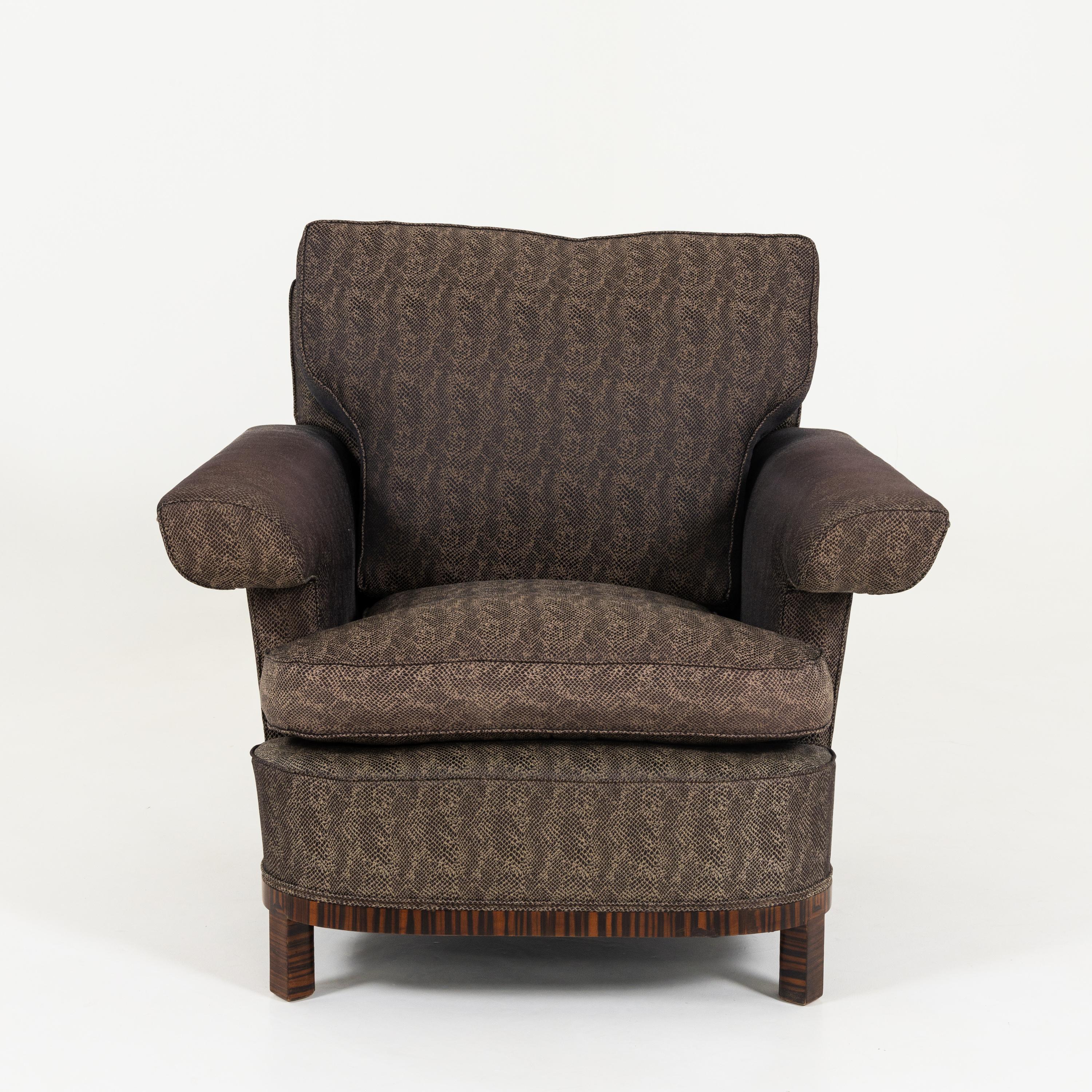 A large armchair by Bruno Paul. 
Macassar veneer base and legs.
Ex: Karl Lagerfeld collection