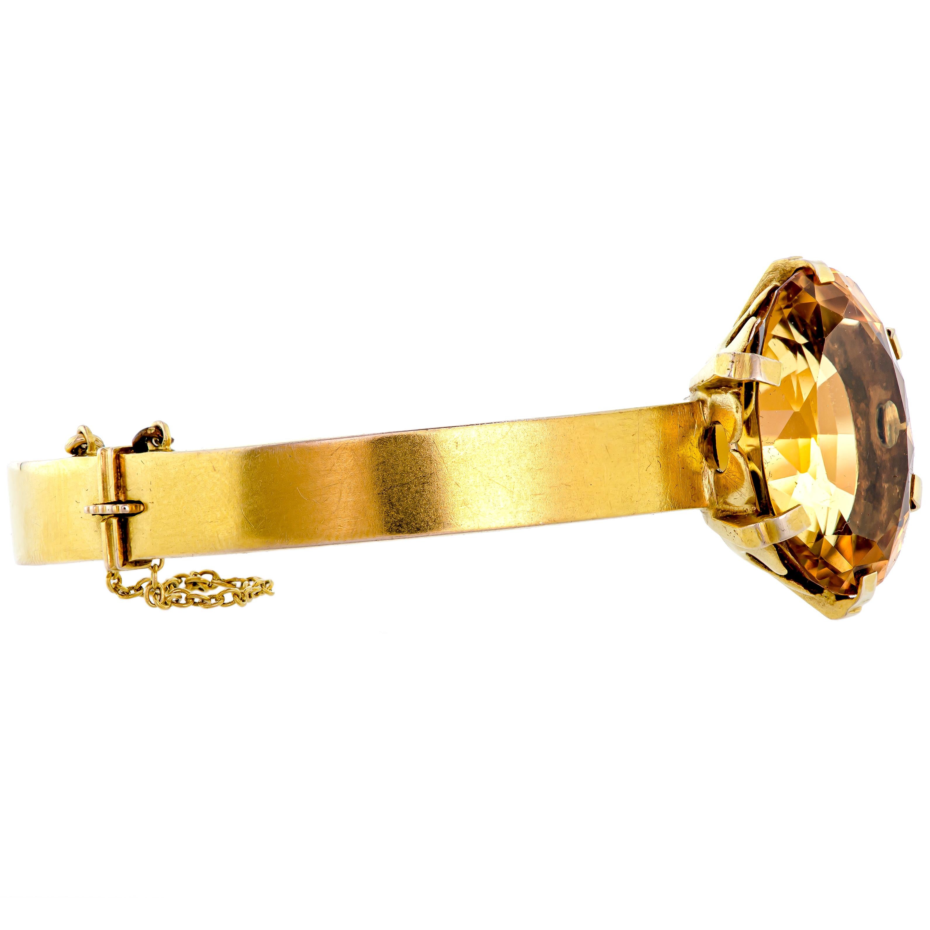 Victorian Large Single Citrine 14kt Yellow Gold Stiff Bracelet For Sale