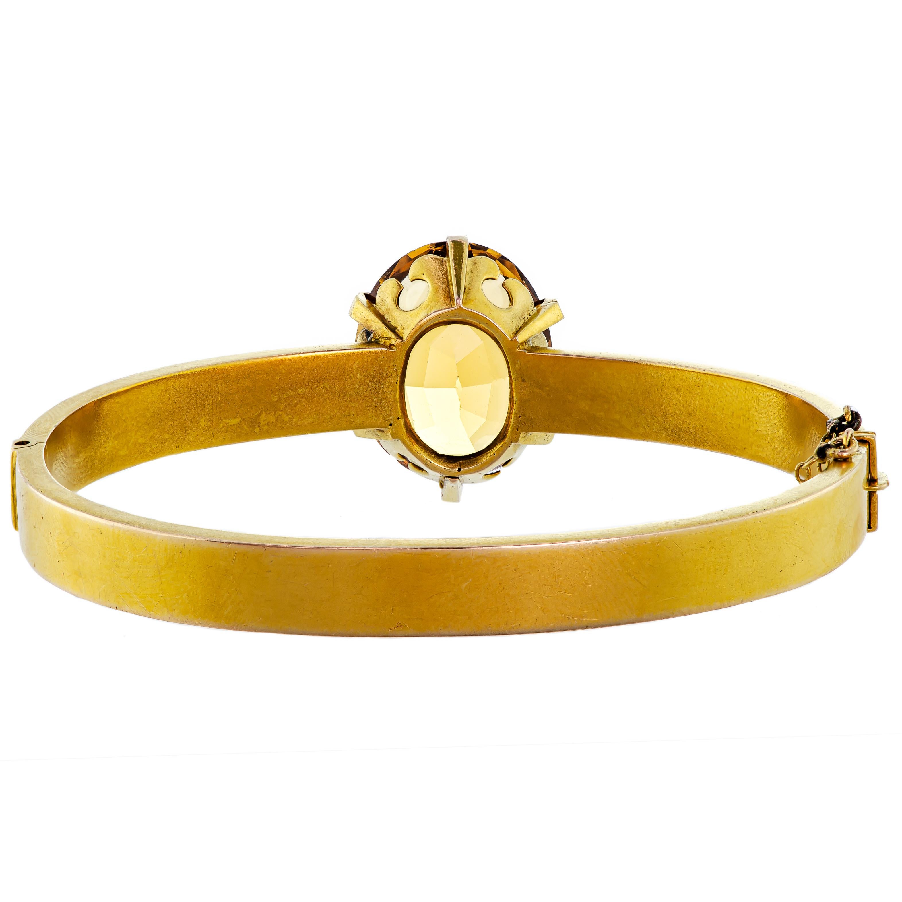 Oval Cut Large Single Citrine 14kt Yellow Gold Stiff Bracelet For Sale
