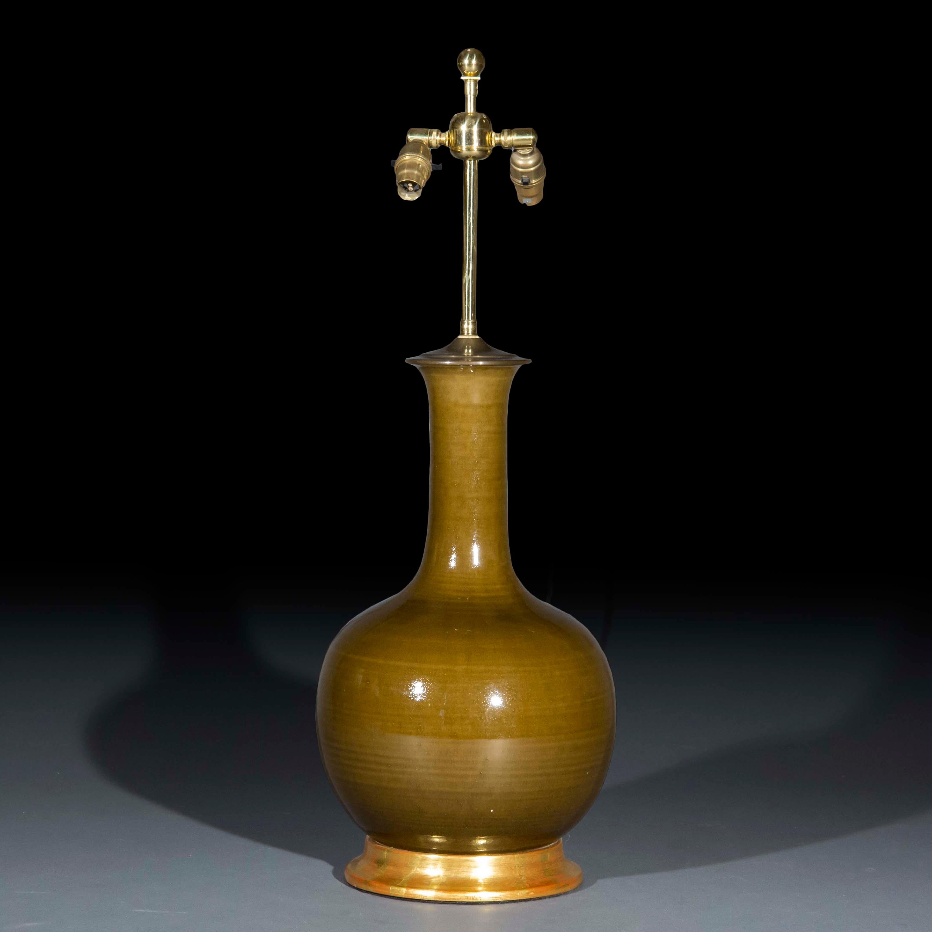 American Large Single Gourd Vase Lamp, Olive Glazed, Christopher Spitzmiller For Sale