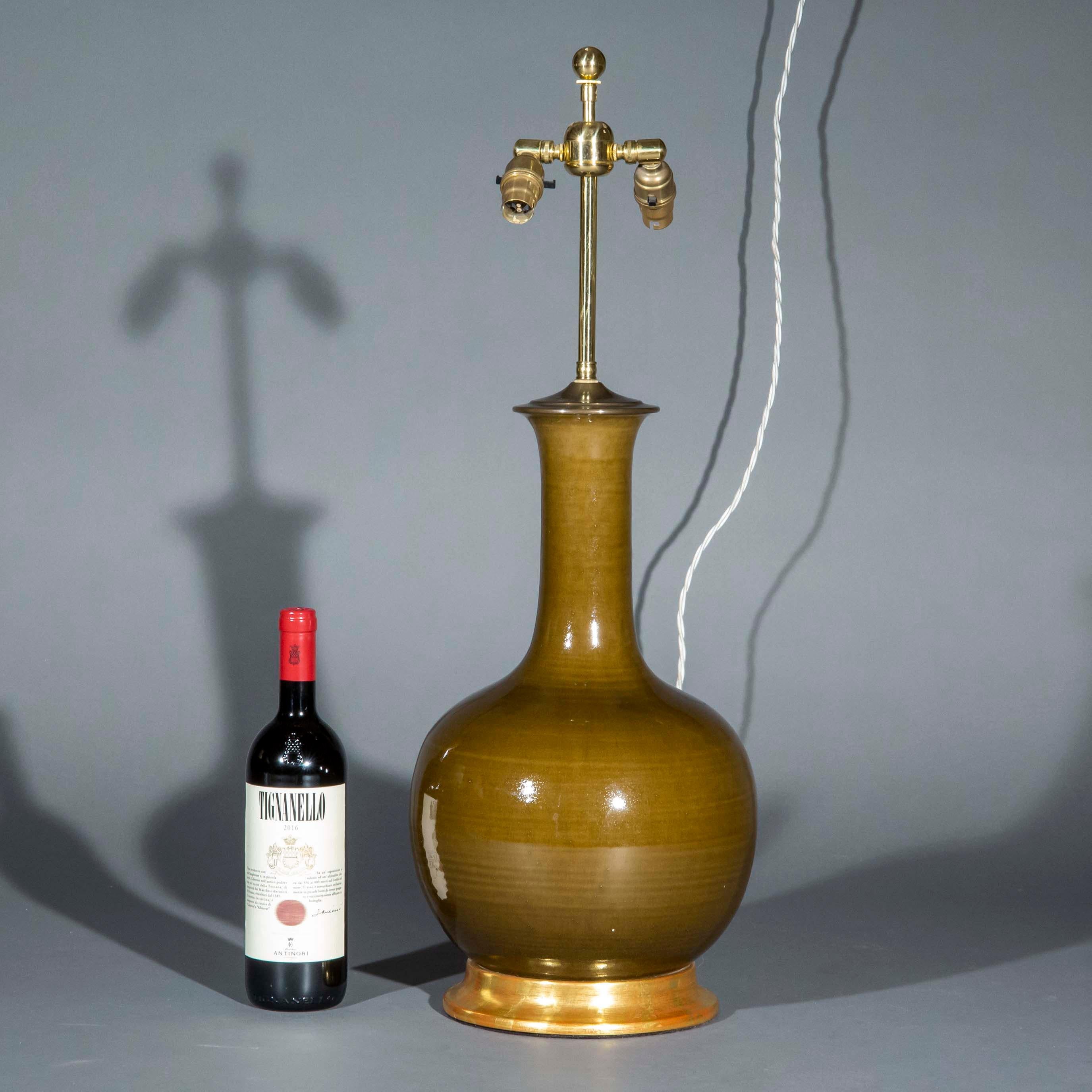 Hand-Crafted Large Single Gourd Vase Lamp, Olive Glazed, Christopher Spitzmiller For Sale