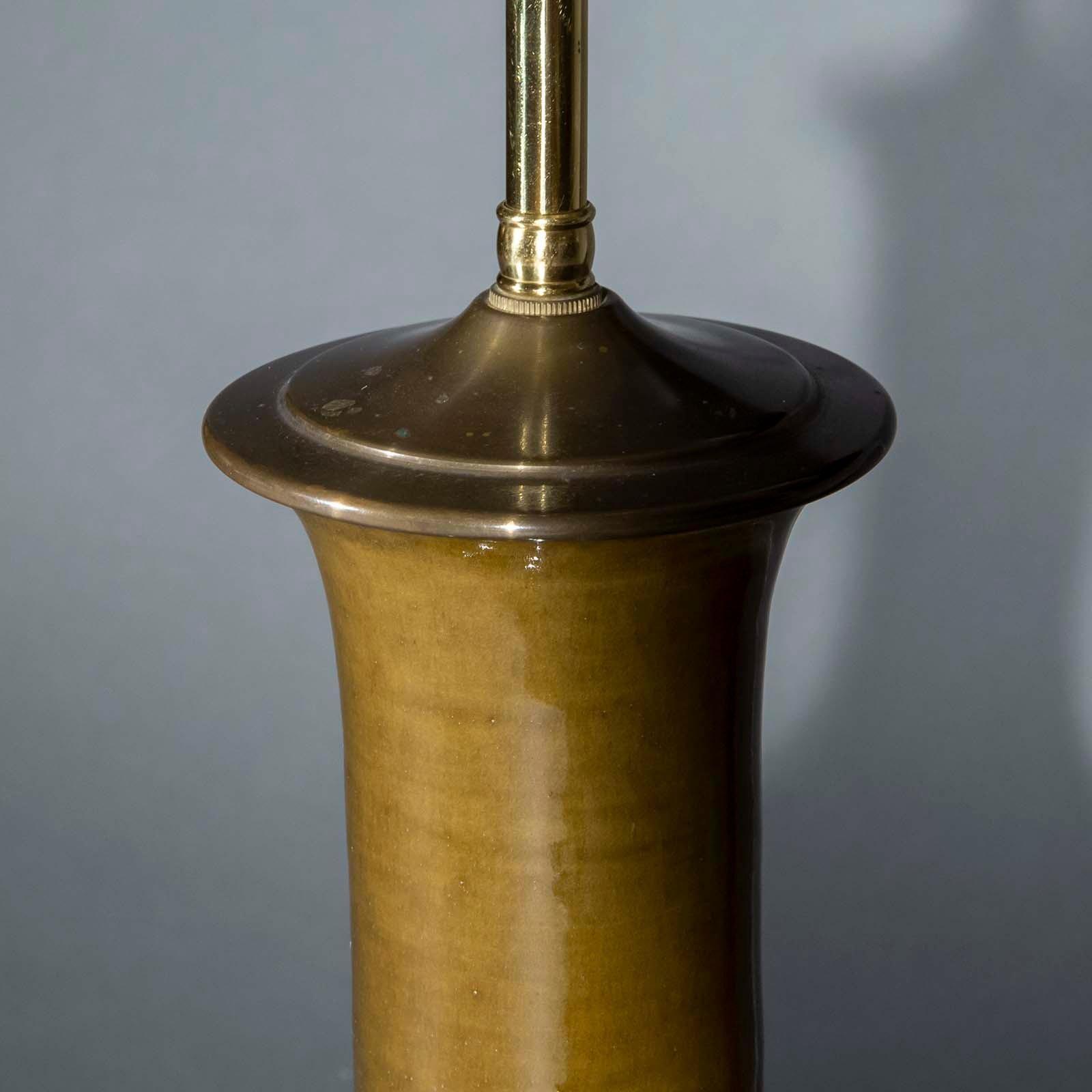 Gold Leaf Large Single Gourd Vase Lamp, Olive Glazed, Christopher Spitzmiller For Sale