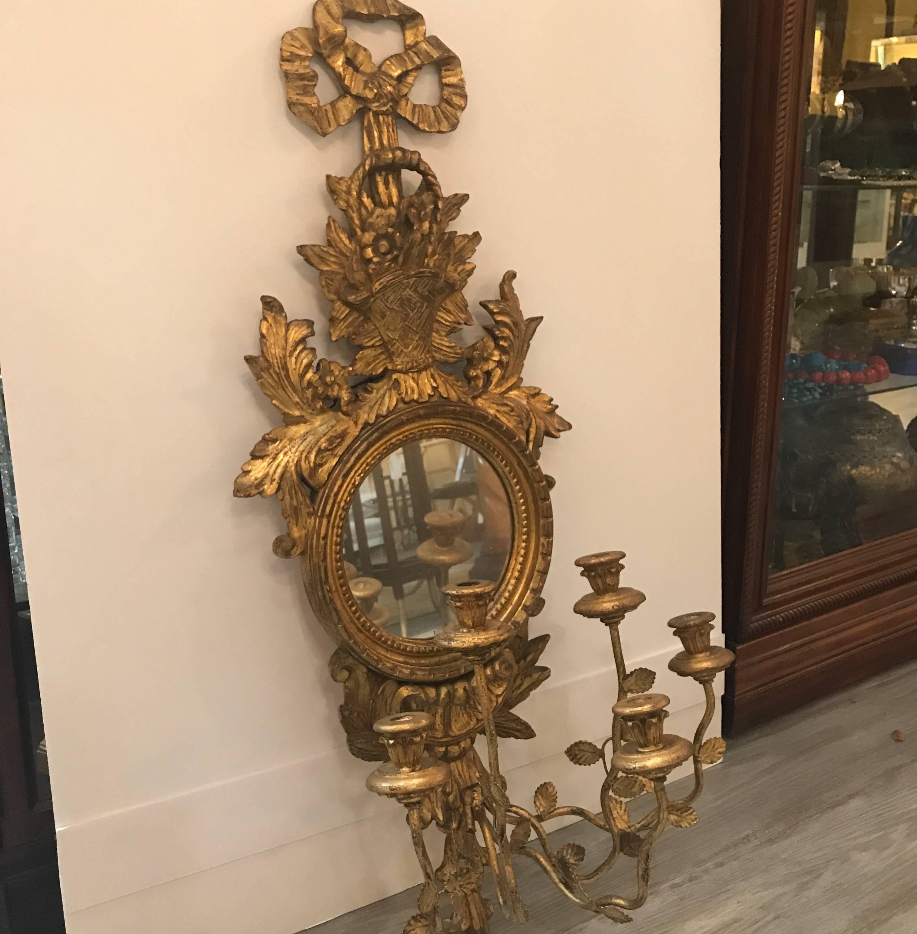 Louis XV Large Single Italian Giltwood Mirror Candle Sconce For Sale