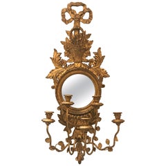 Grande applique italienne simple à bougie en bois doré avec miroir