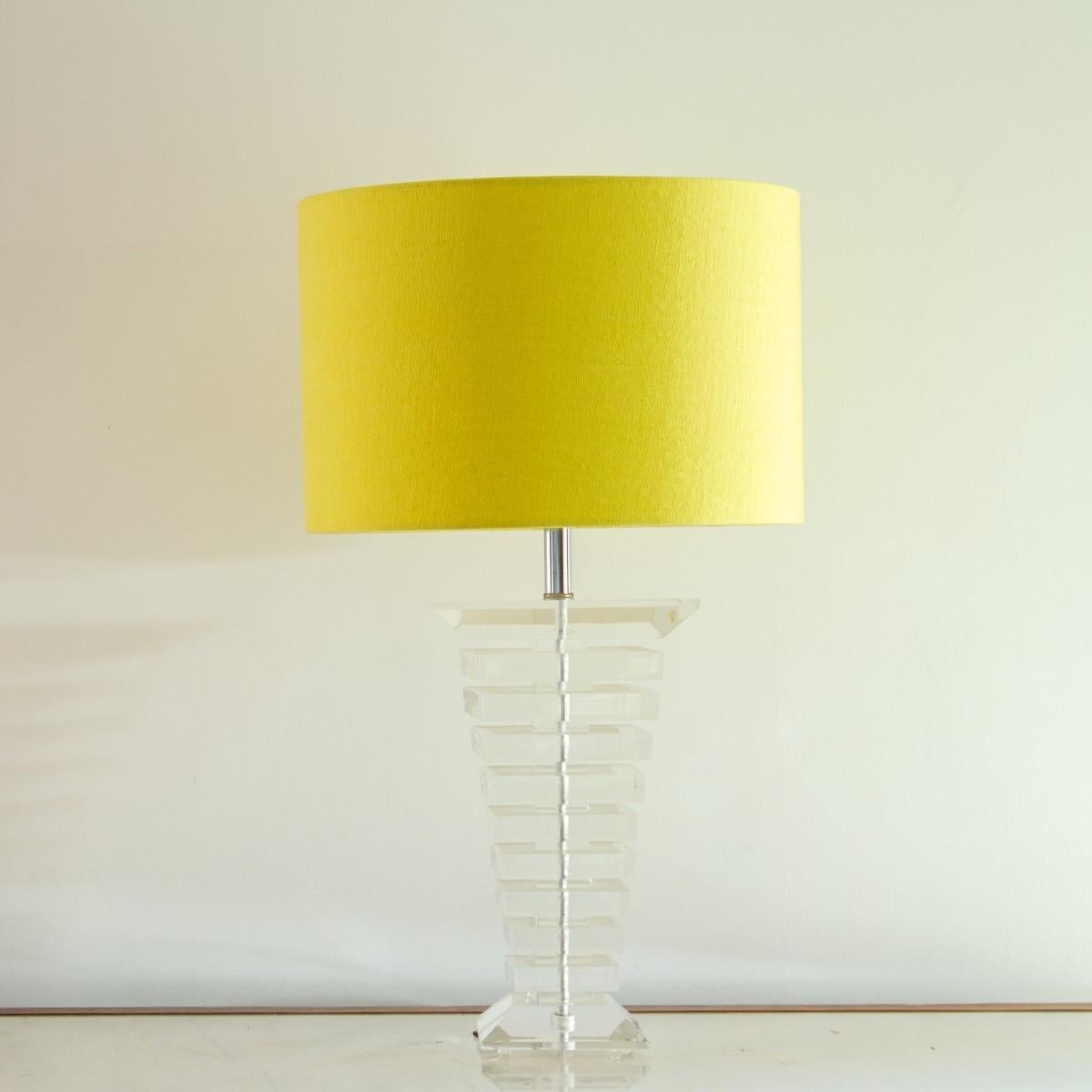Large single tapered stacked Lucite table lamp with nickel stem detail 1970s
Fully rewired with custom made linen shade (as seen in photo) included in the price.