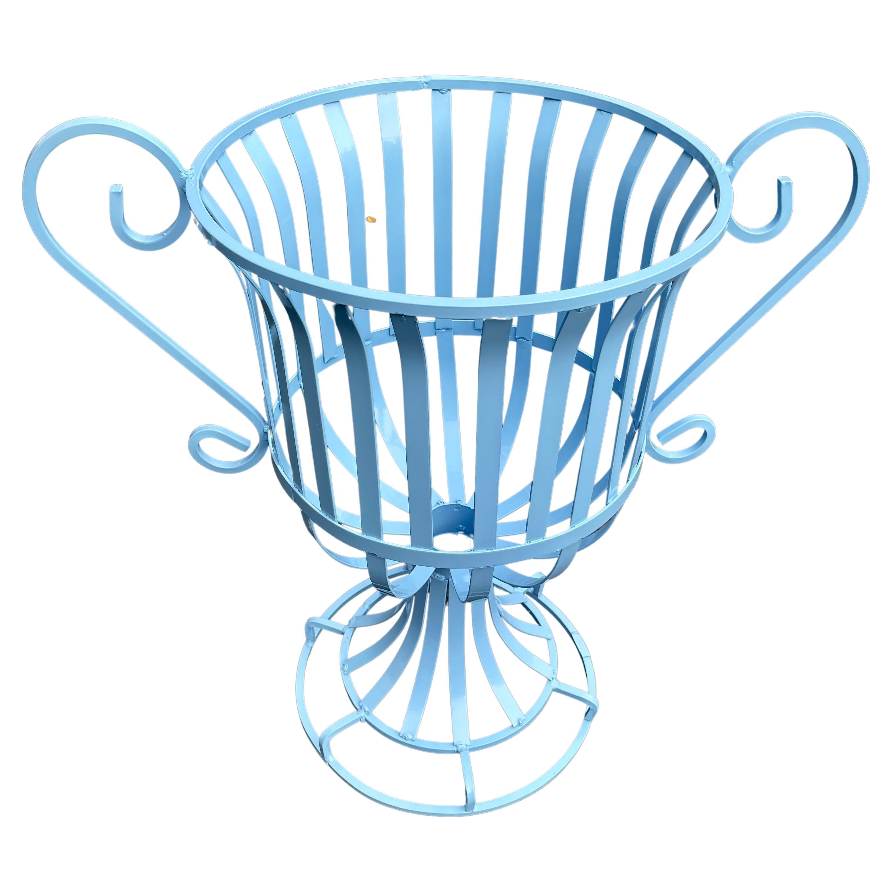 Large outdoor garden or patio blue cachepot flower or plant pot holder stand.
The metal stand is newly powder-coated in a Tiffany blue that can be changed and re-done into any color available.
 