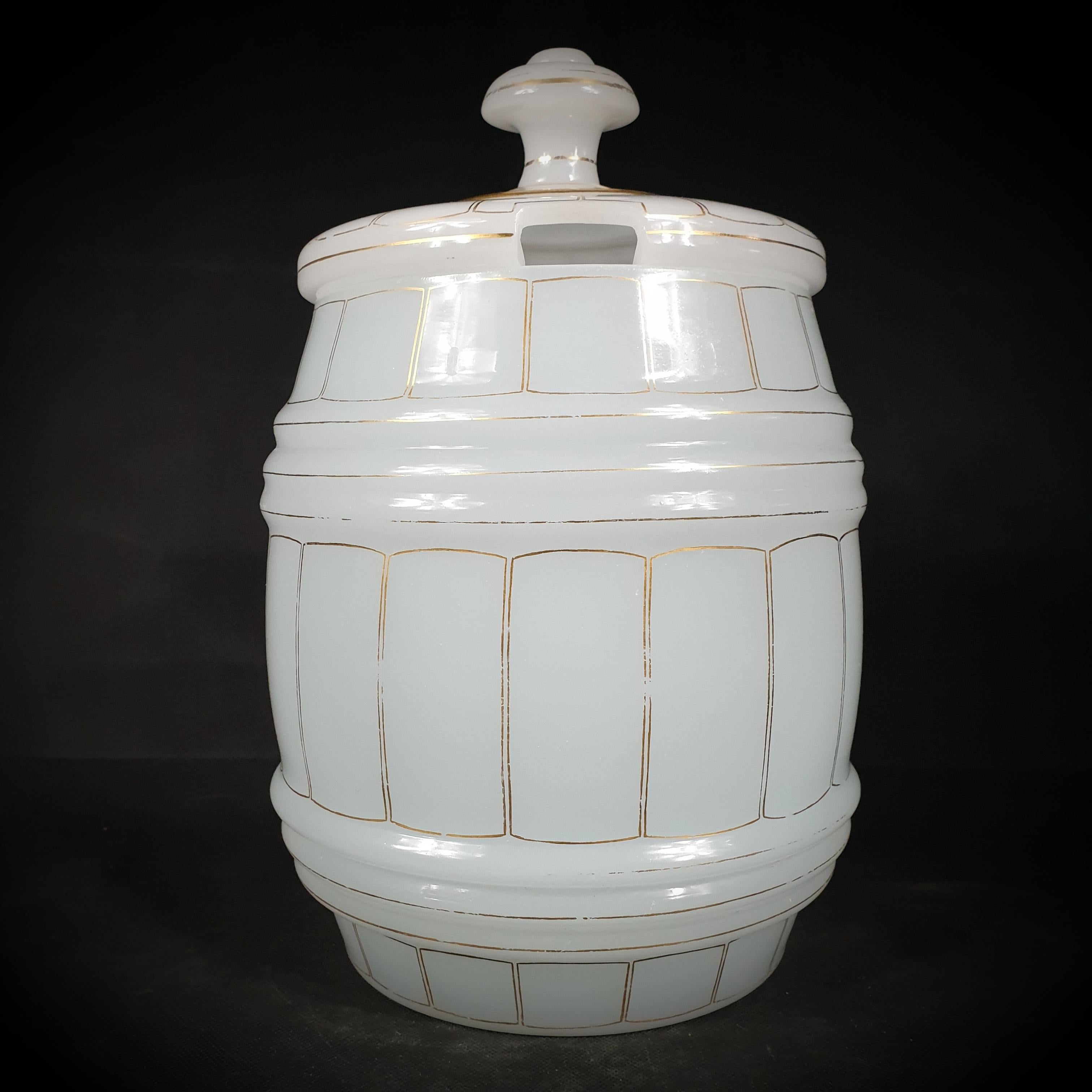 French Large Single White Translucent Opaline Glass Container Barrel Shaped, Late 19th For Sale