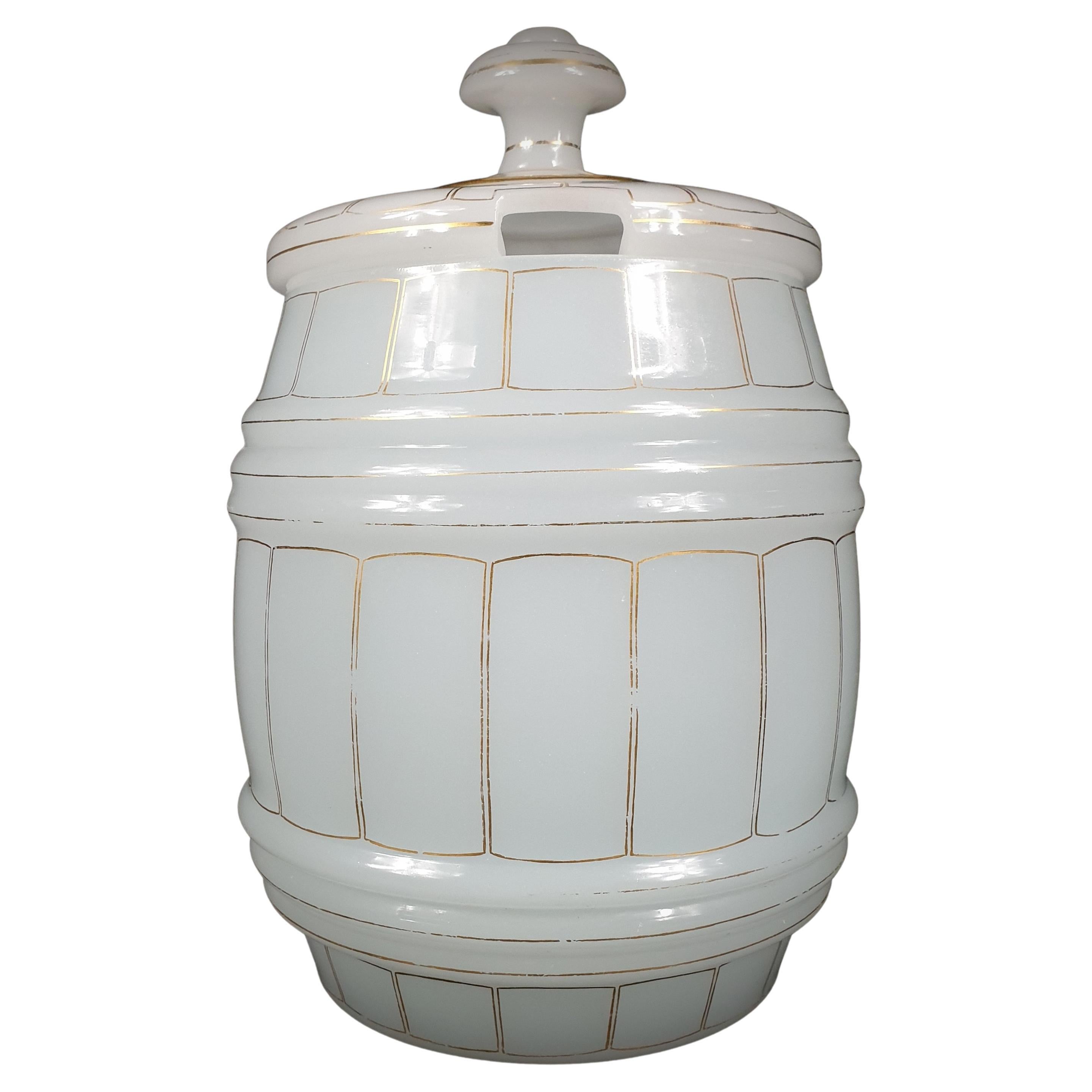 Large Single White Translucent Opaline Glass Container Barrel Shaped, Late 19th