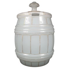 Large Single White Translucent Opaline Glass Container Barrel Shaped, Late 19th