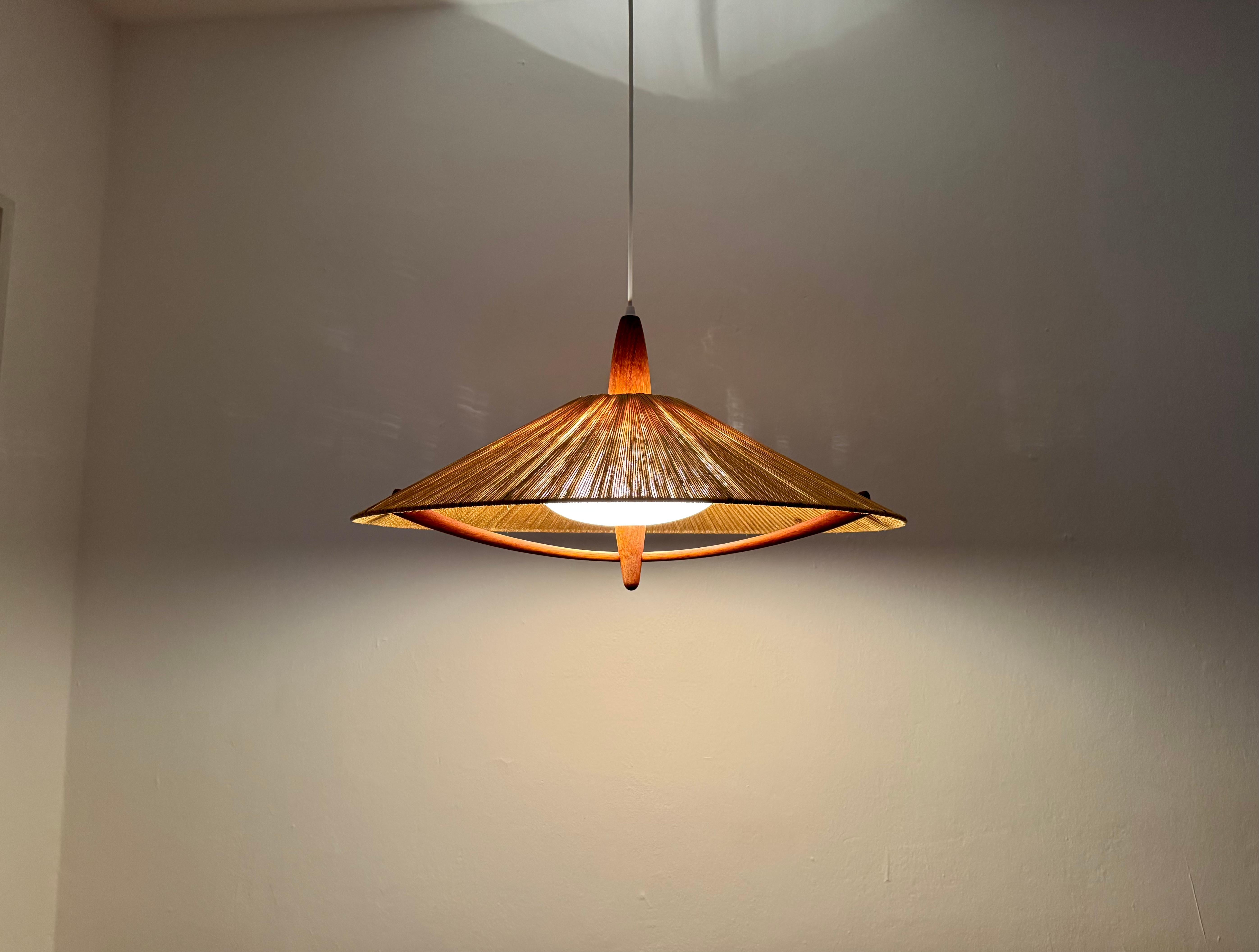 Lampada a sospensione grande in Sisal e Teak di Temde in vendita 4
