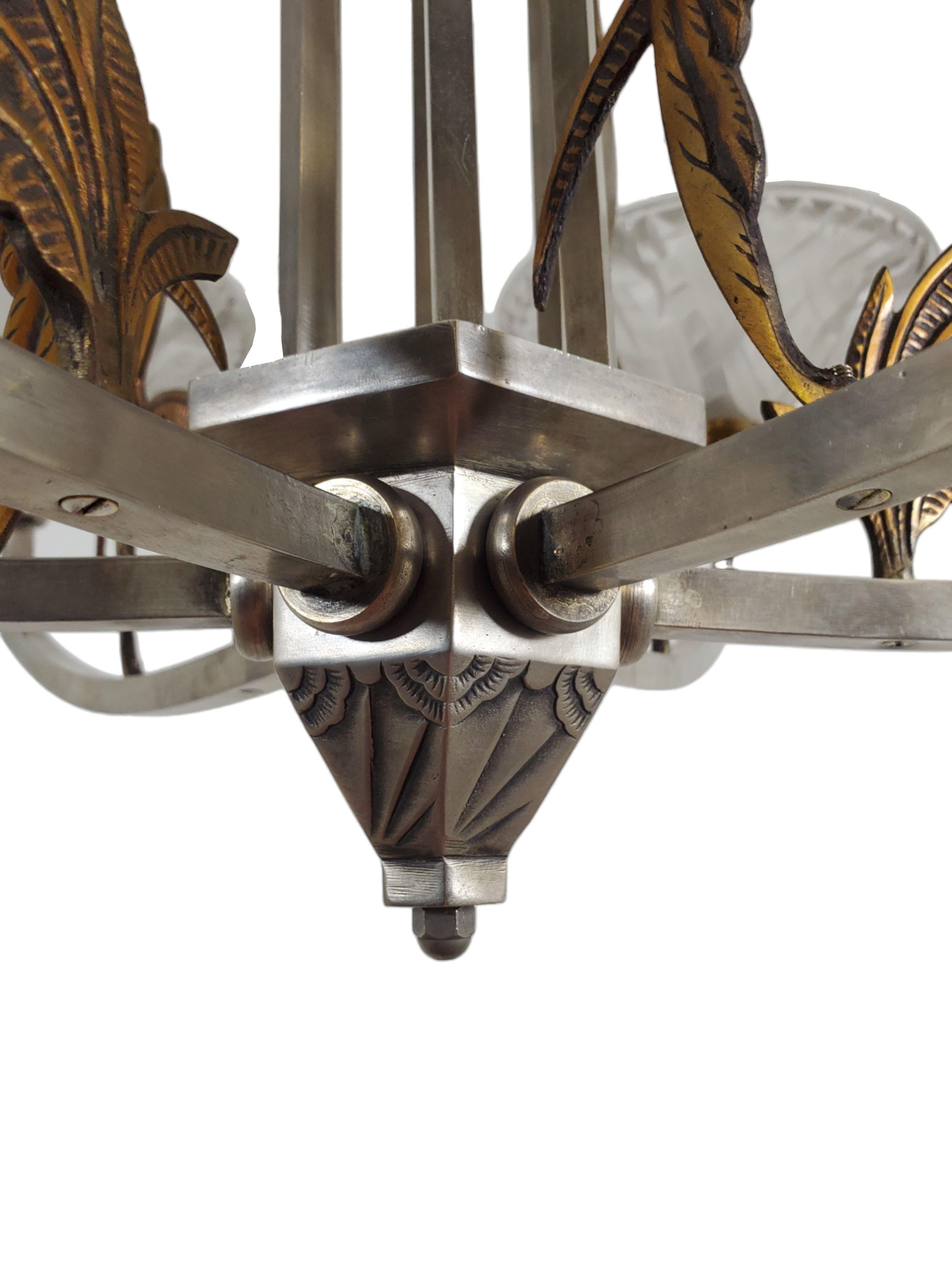 Large six arm chandelier w/ birds + frosted art glass in nickel + copper-Ezan 3