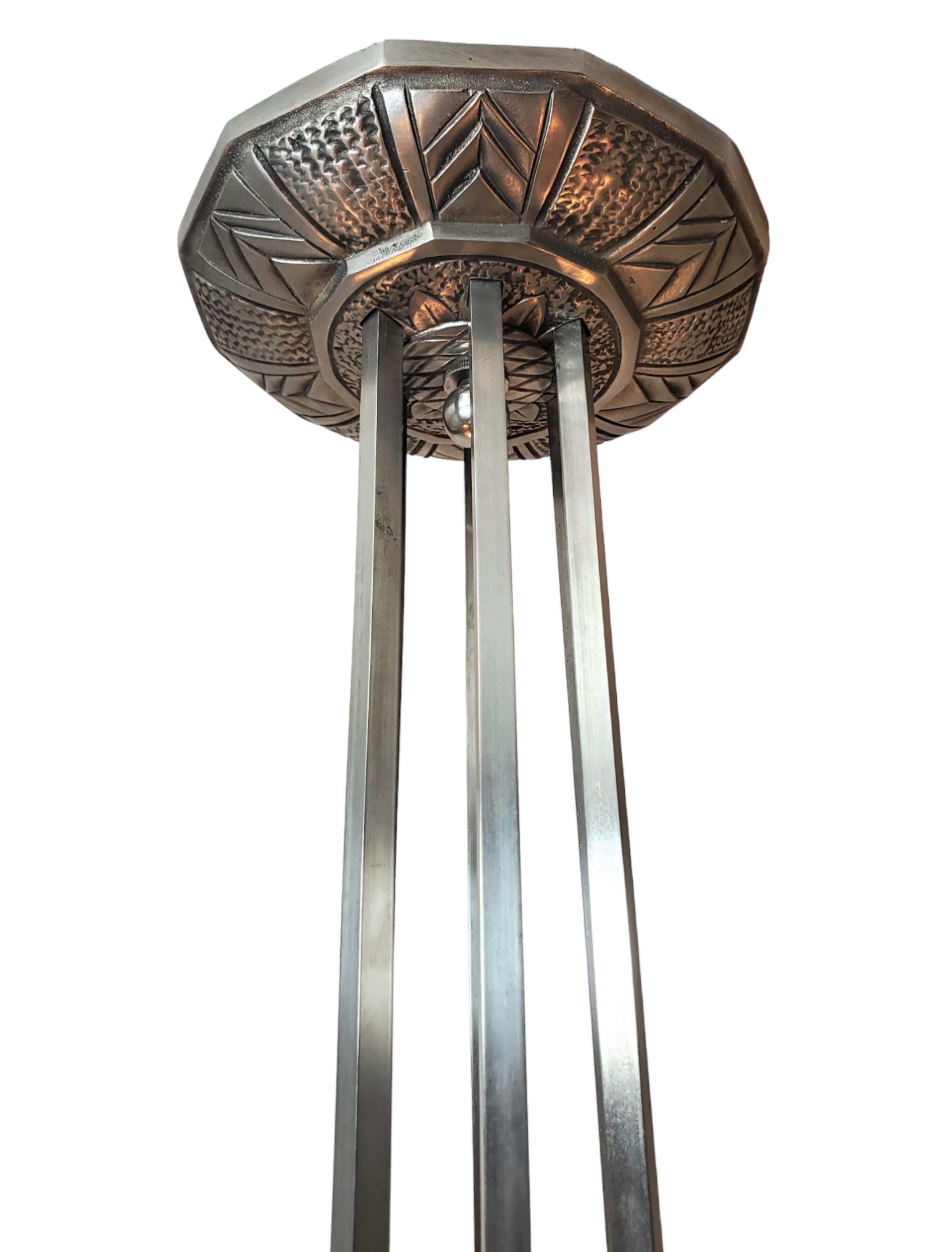 Large six arm chandelier w/ birds + frosted art glass in nickel + copper-Ezan 4