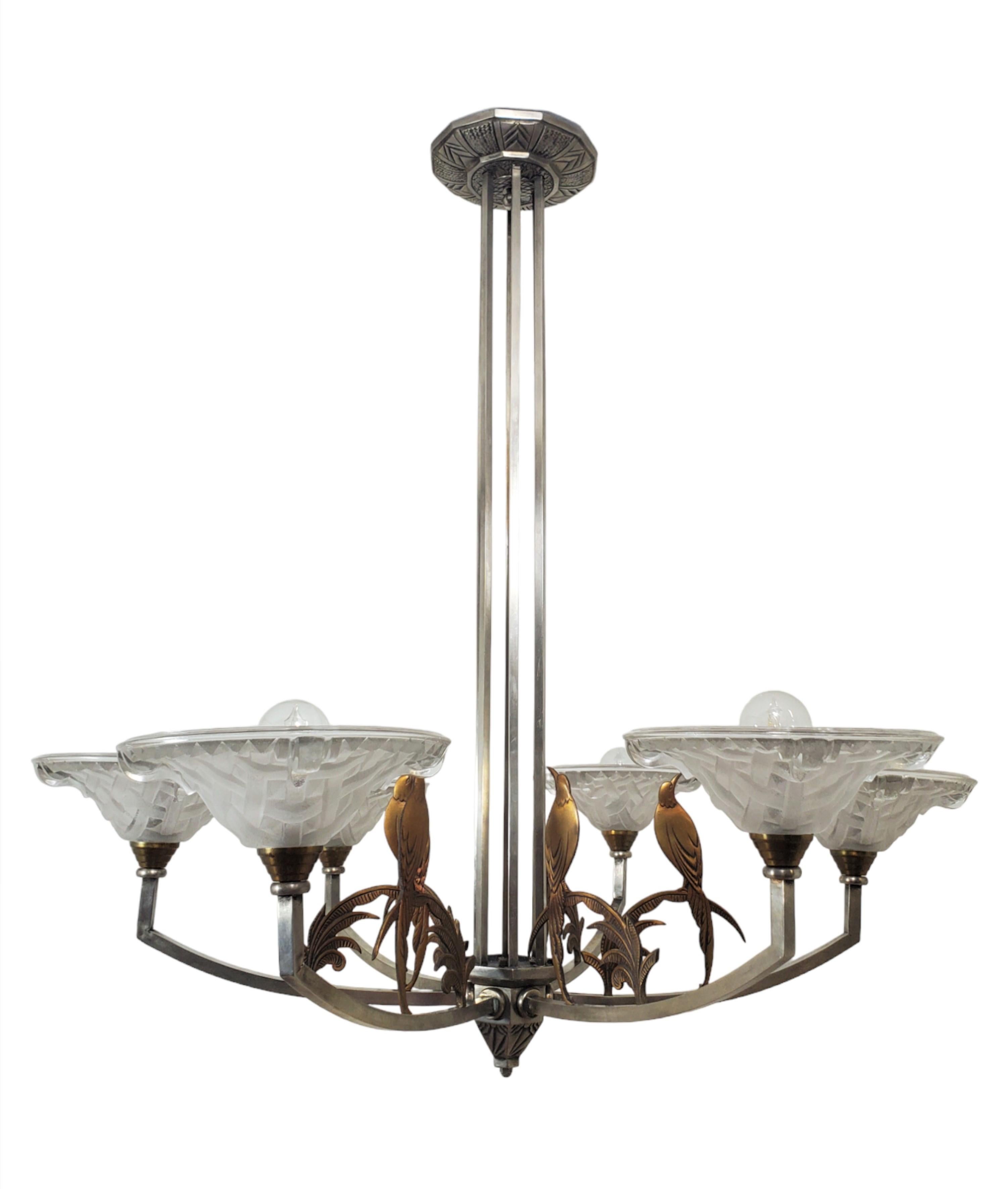Large six arm chandelier w/ birds + frosted art glass in nickel + copper-Ezan 6