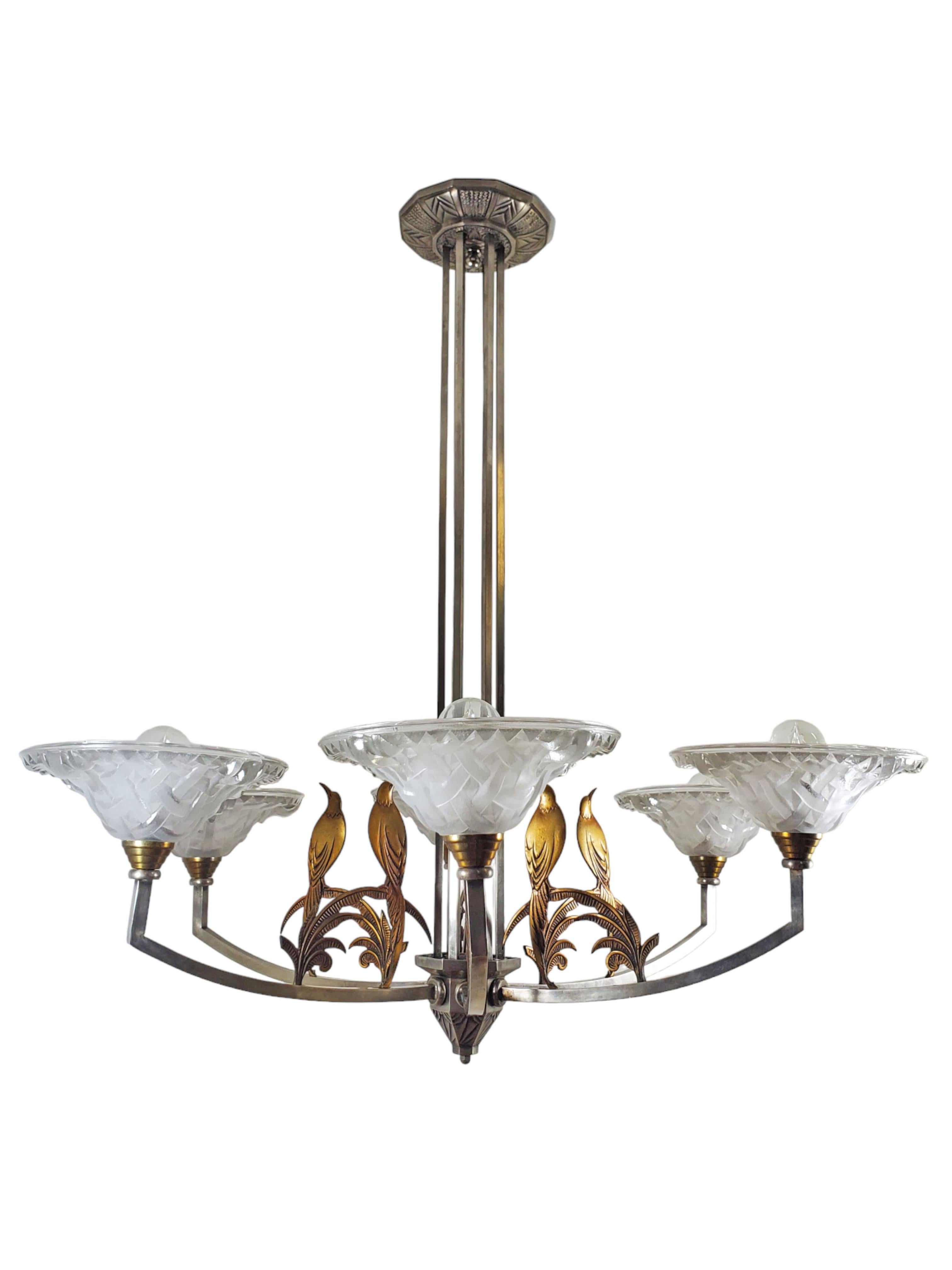 Art Deco Large six arm chandelier w/ birds + frosted art glass in nickel + copper-Ezan