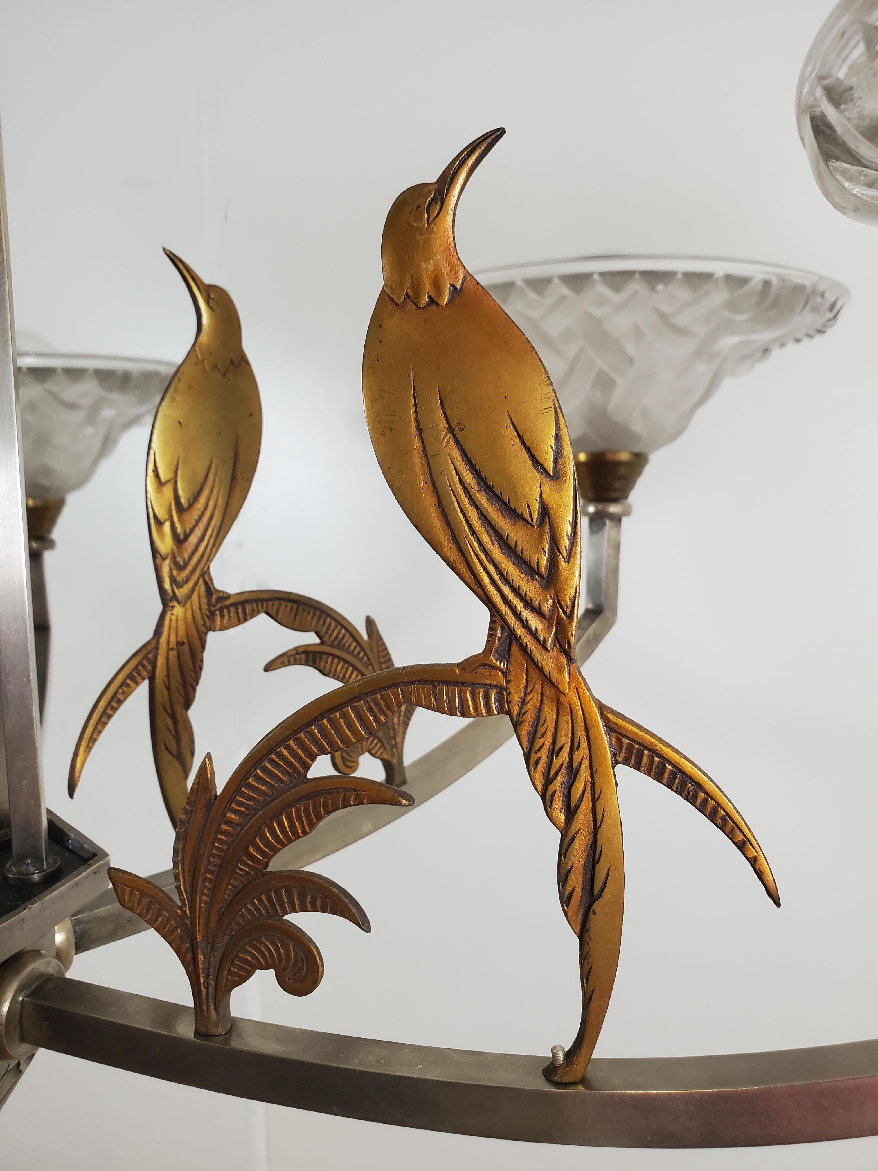 French Large six arm chandelier w/ birds + frosted art glass in nickel + copper-Ezan