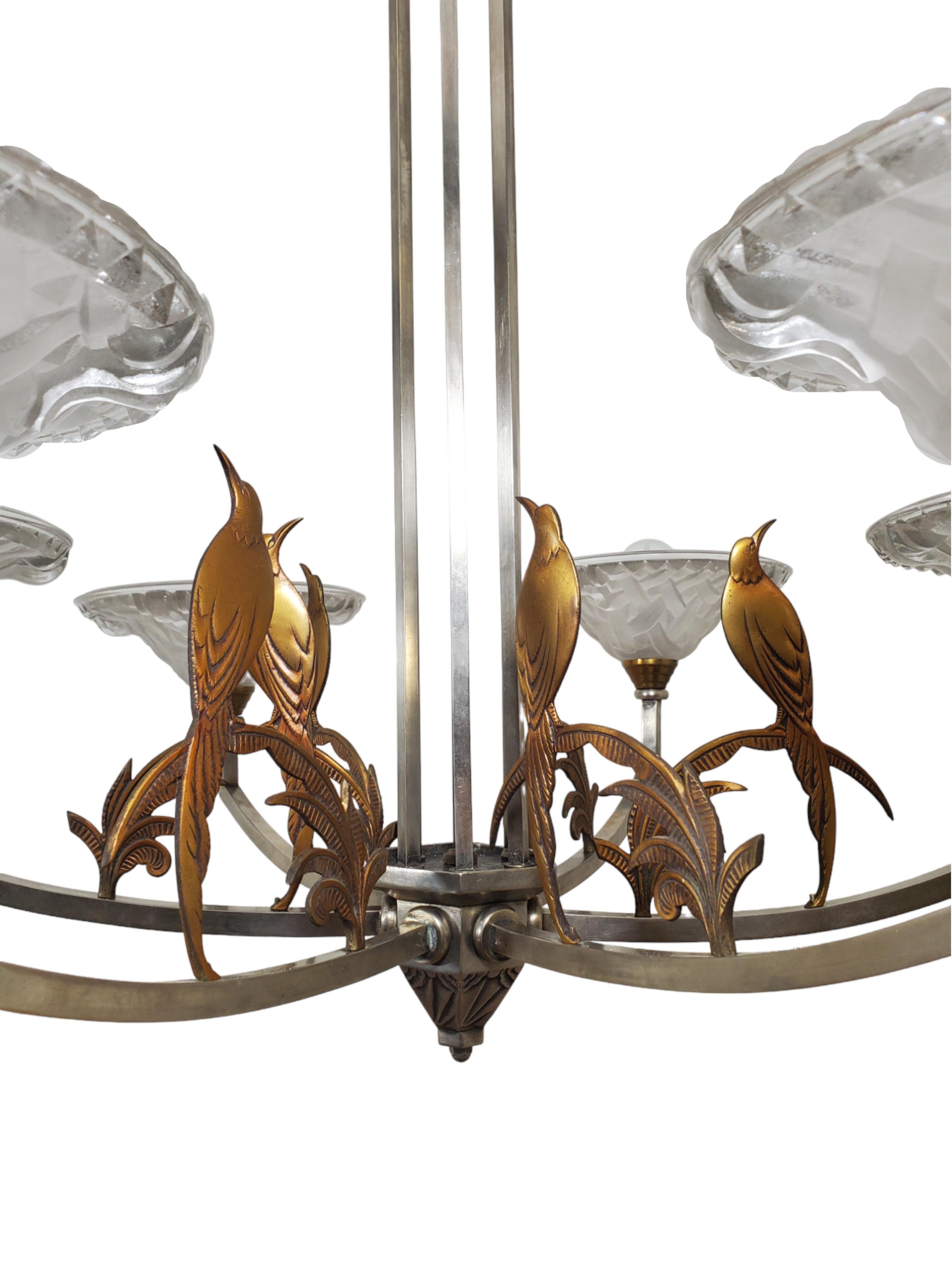 Large six arm chandelier w/ birds + frosted art glass in nickel + copper-Ezan In Good Condition In New York City, NY