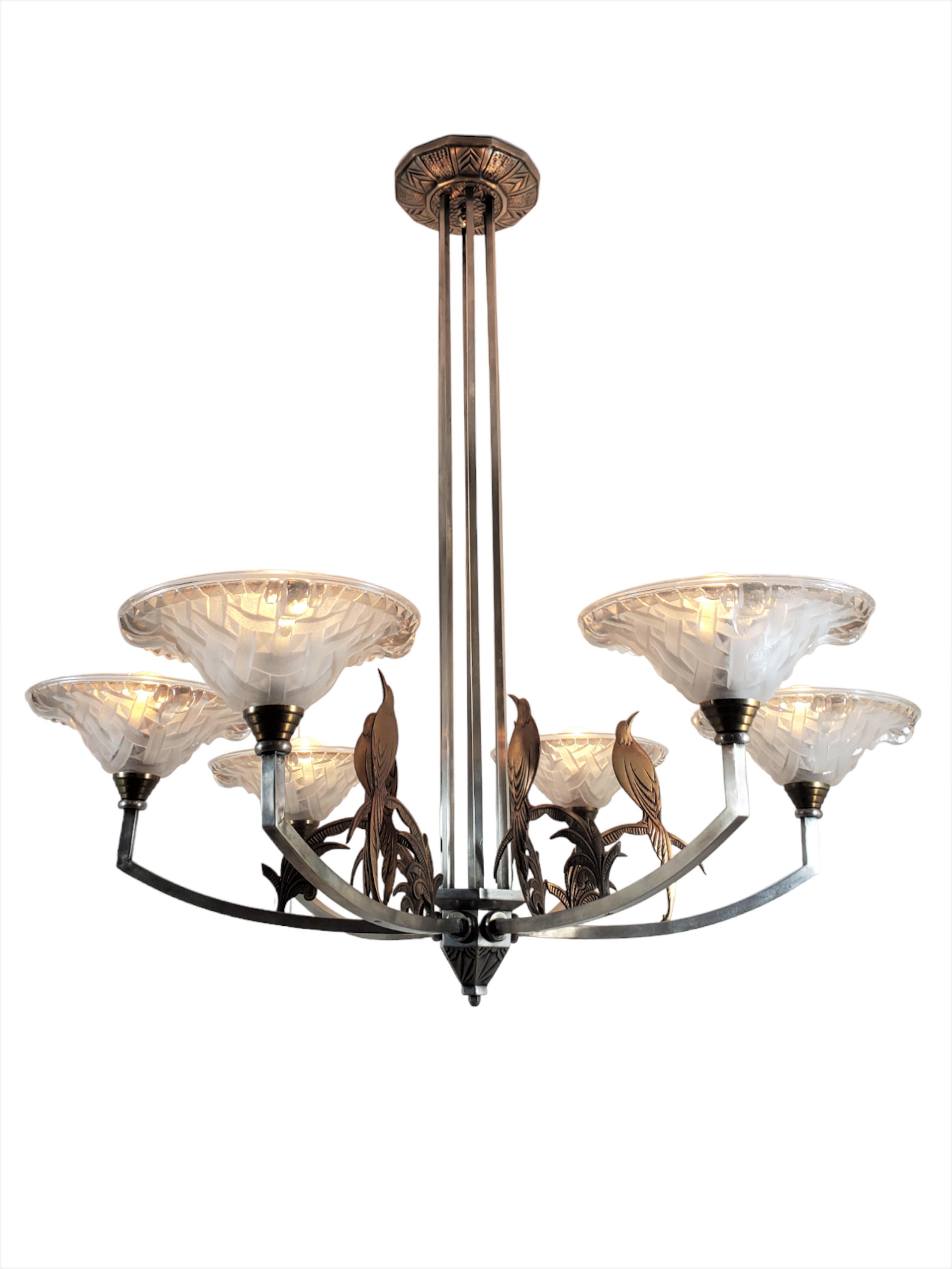 20th Century Large six arm chandelier w/ birds + frosted art glass in nickel + copper-Ezan