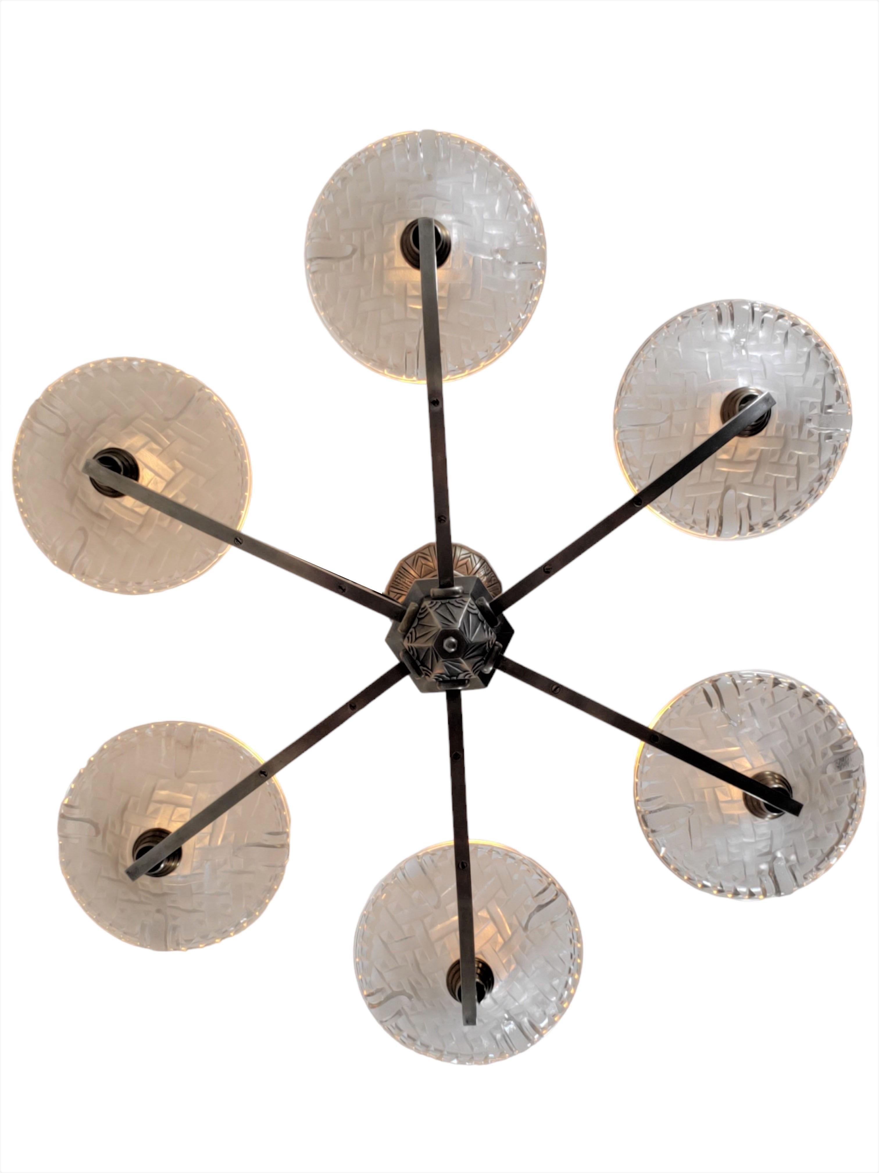 Nickel Large six arm chandelier w/ birds + frosted art glass in nickel + copper-Ezan
