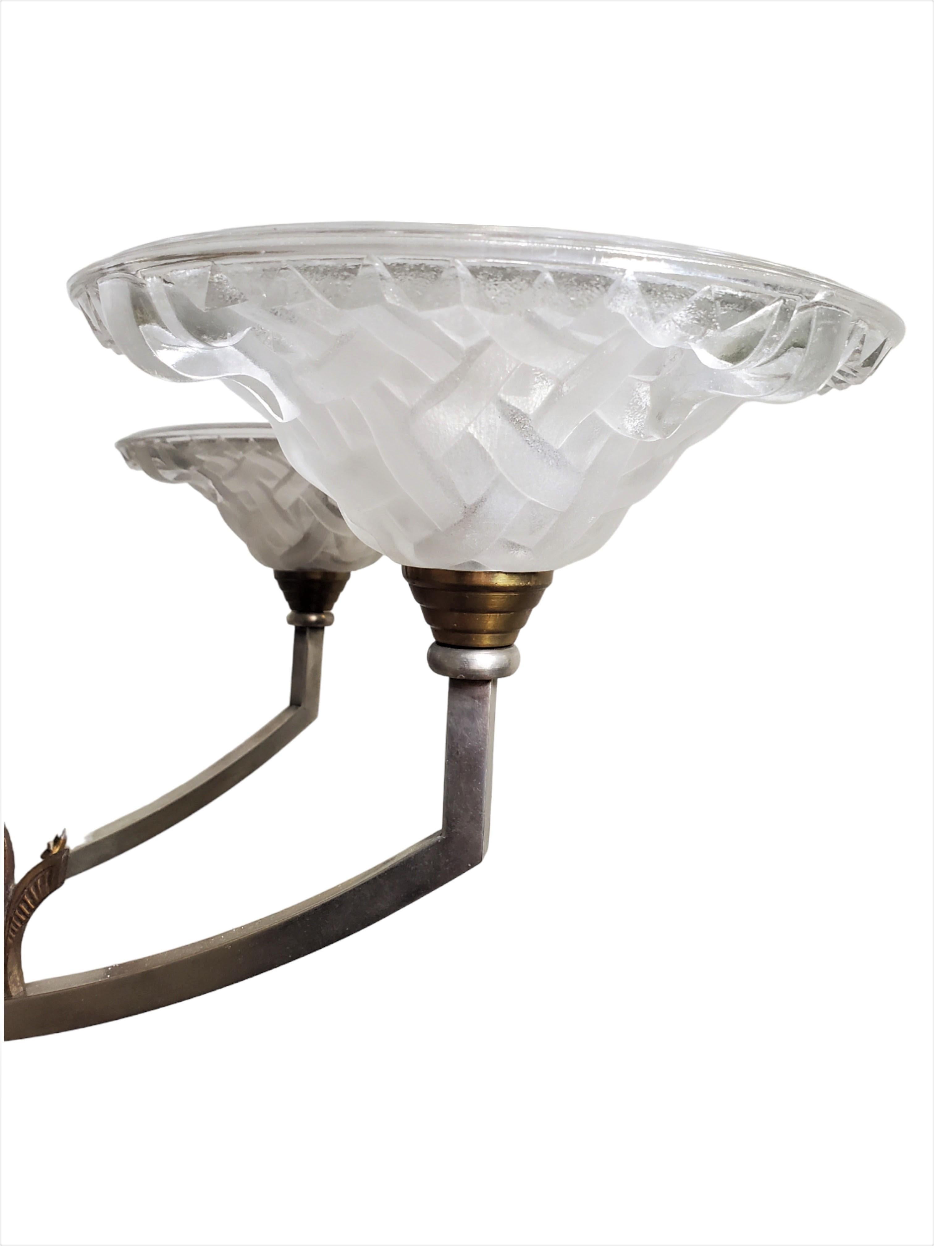 Large six arm chandelier w/ birds + frosted art glass in nickel + copper-Ezan 1