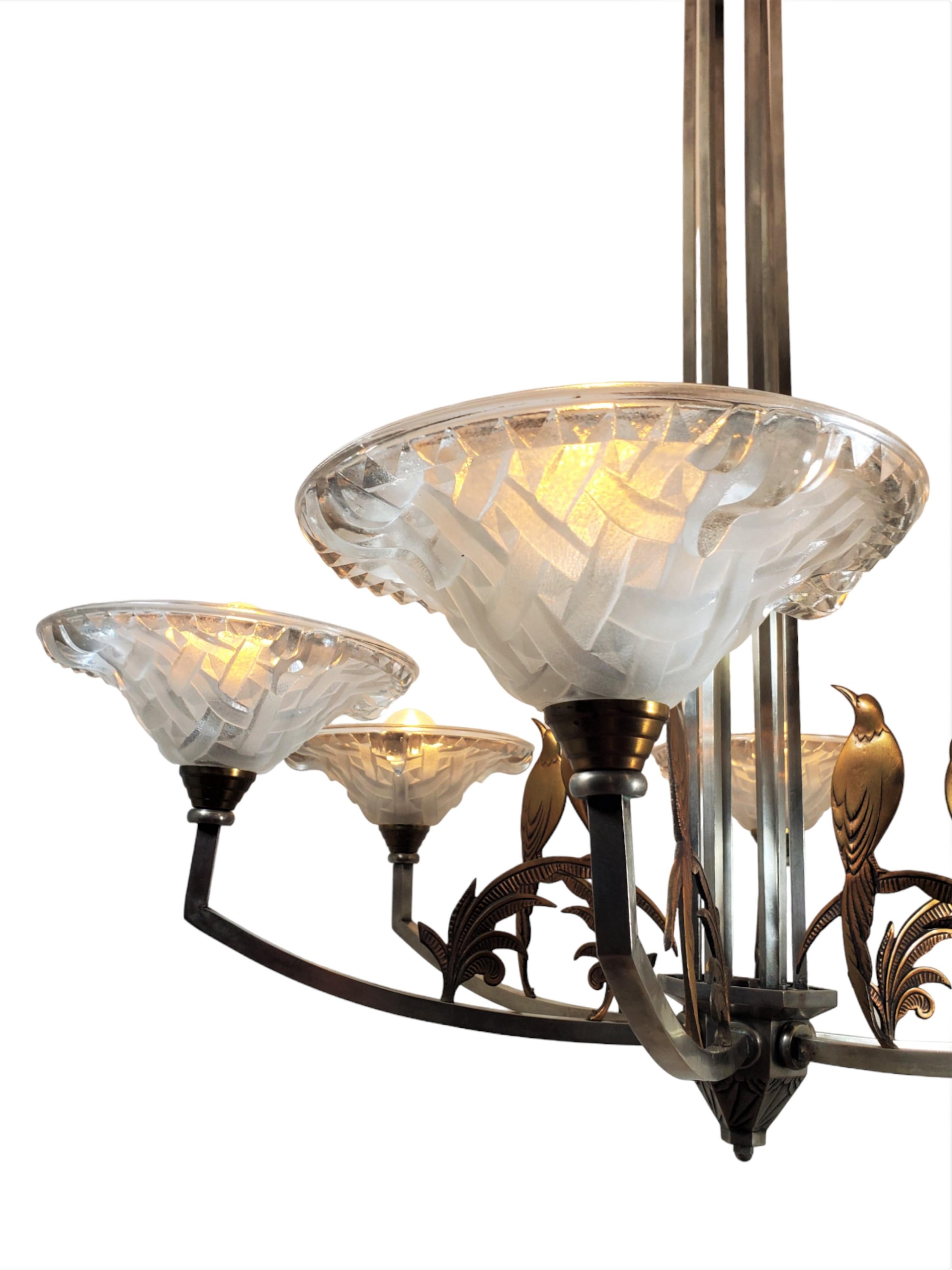 Large six arm chandelier w/ birds + frosted art glass in nickel + copper-Ezan 2