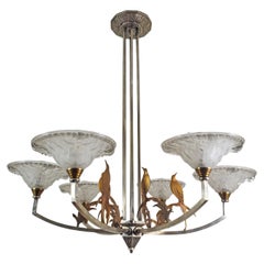 Vintage Large six arm chandelier w/ birds + frosted art glass in nickel + copper-Ezan