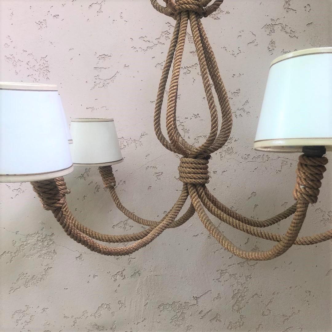 Mid-Century Modern Large Six Arms Rope Chandelier Audoux Minet, circa 1960