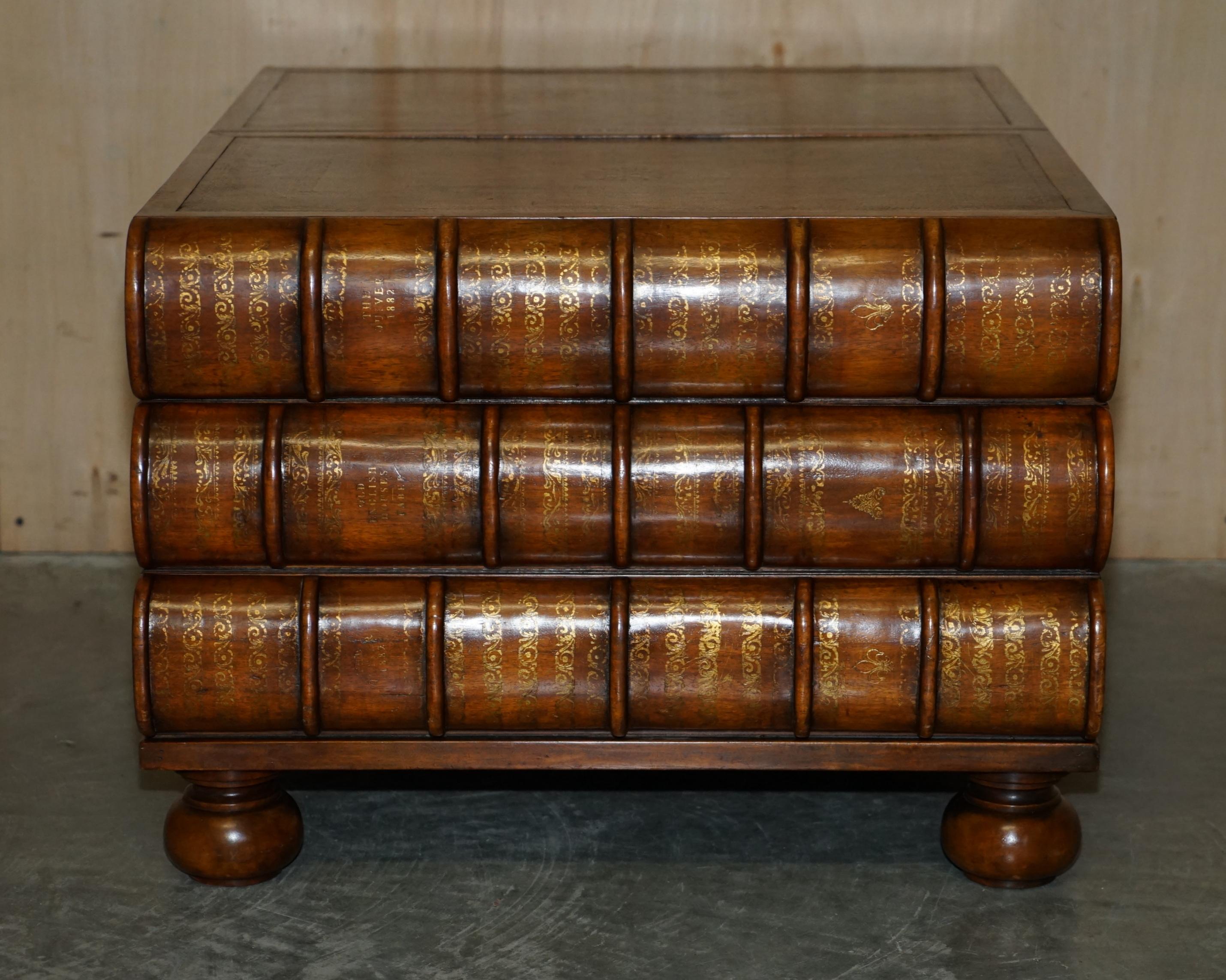 Large Six Drawer Stack of Scholars Library Books Coffee Table Brown Leather Top For Sale 3