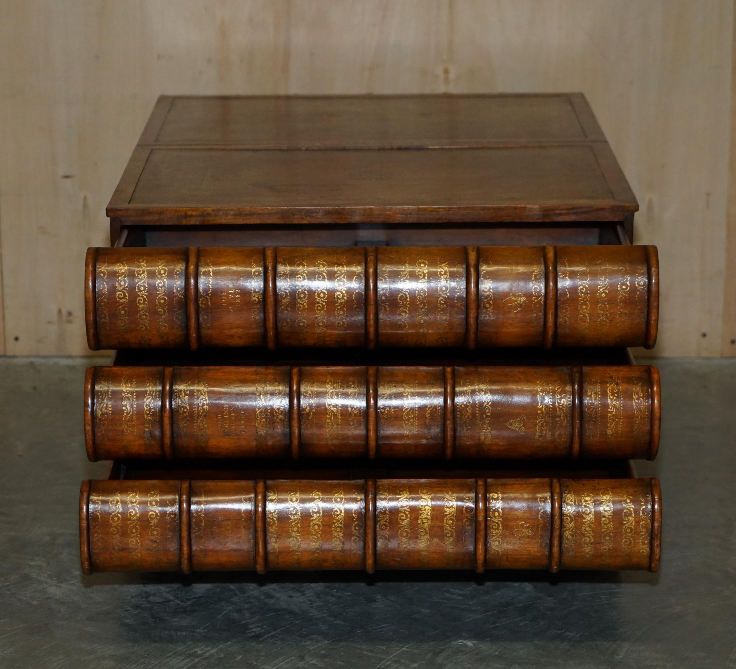 Large Six Drawer Stack of Scholars Library Books Coffee Table Brown Leather Top For Sale 7