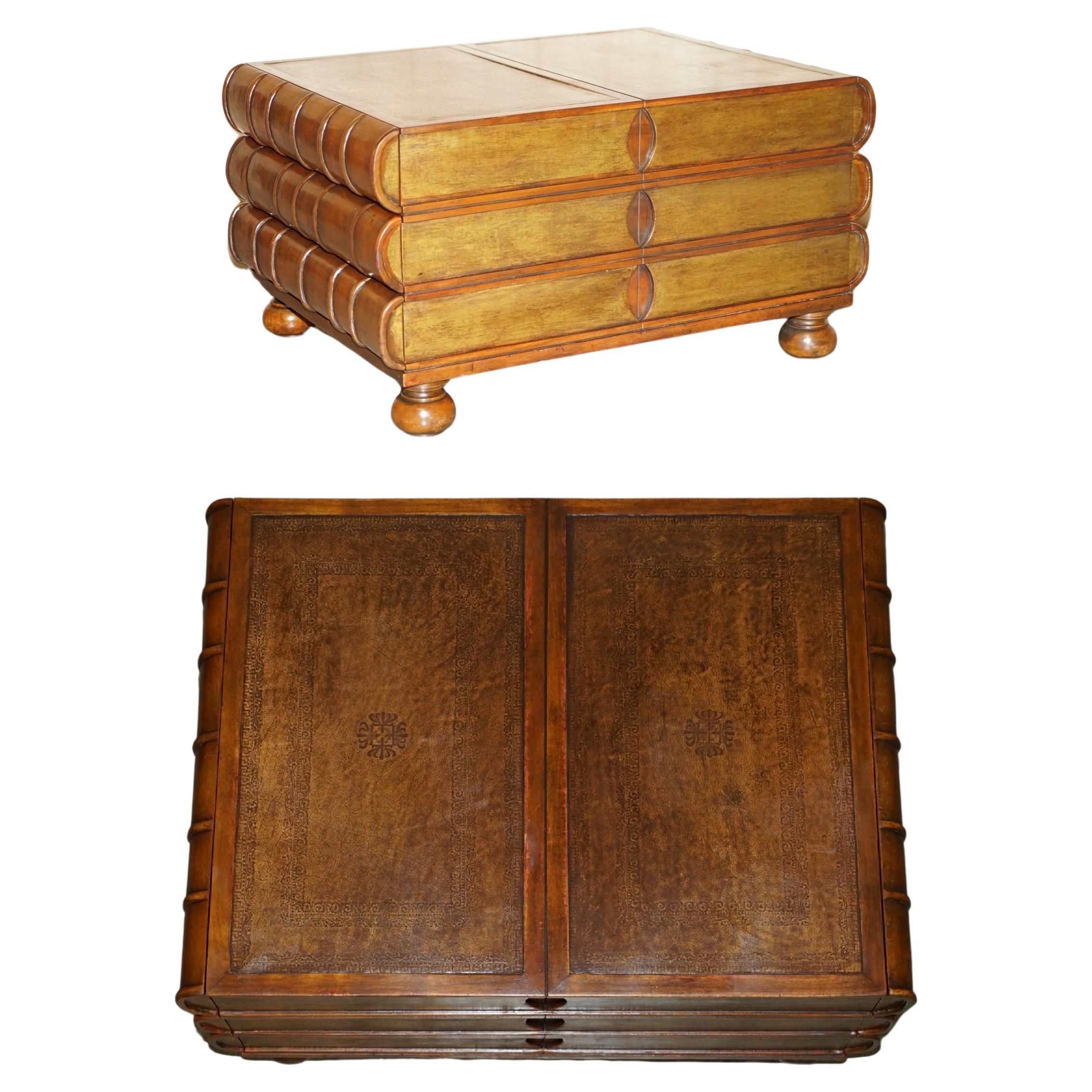 Large Six Drawer Stack of Scholars Library Books Coffee Table Brown Leather Top For Sale