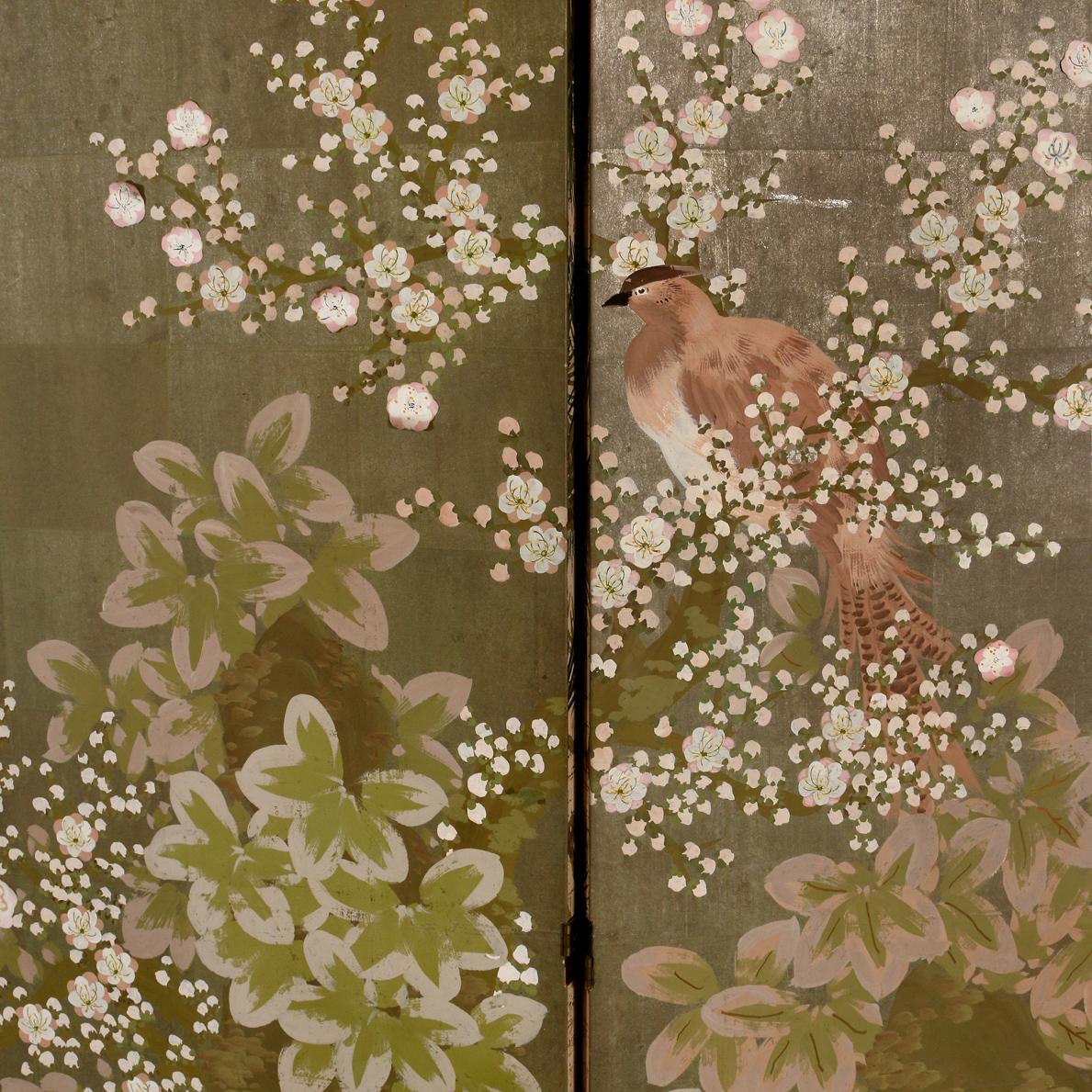 Large six panel, hand painted screen by Robert Crowder depicting branches, flowers and birds.