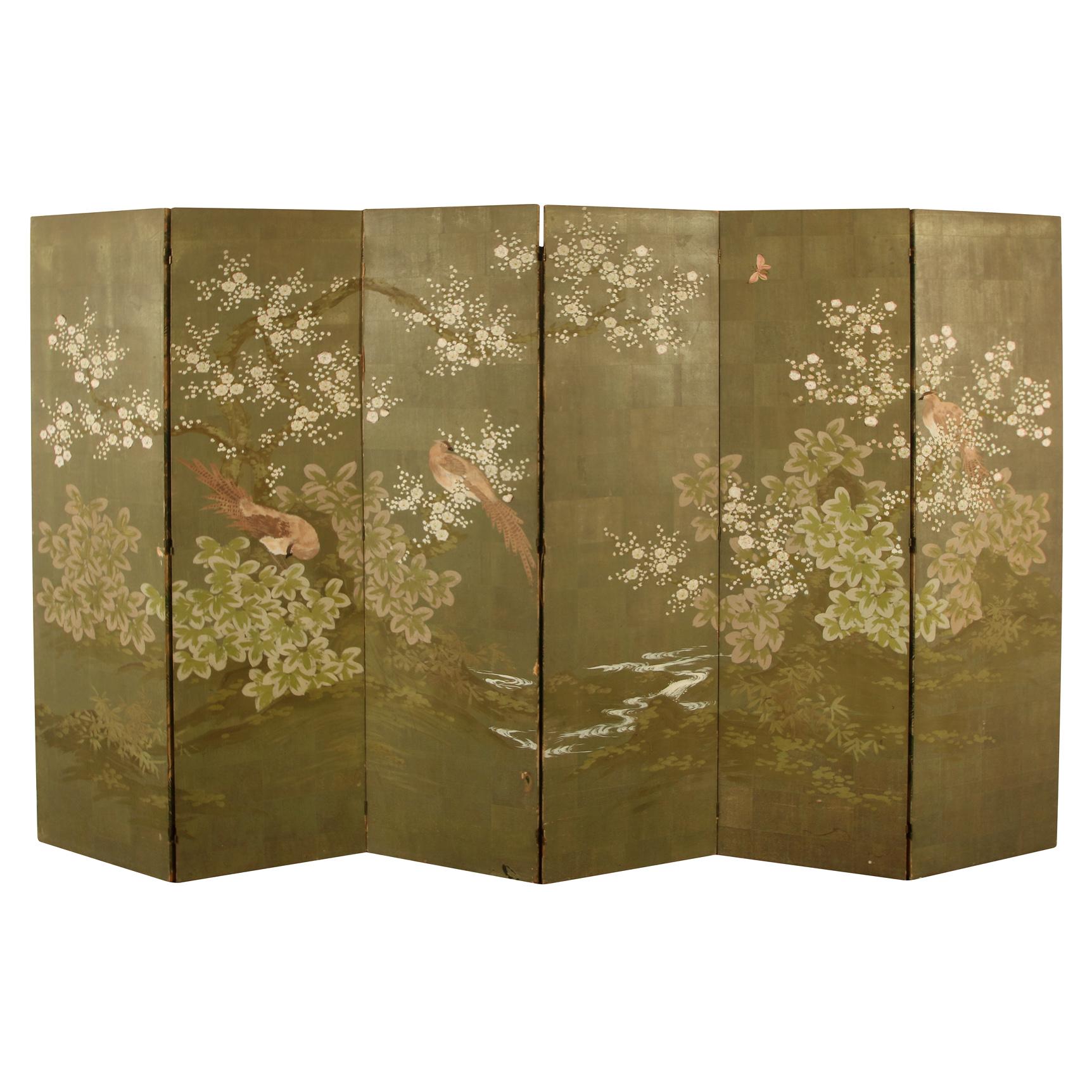 Large Six Panel Robert Crowder Hand Painted Screen with Branches and Birds In Good Condition In Locust Valley, NY