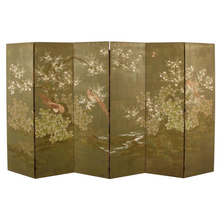 20th Century Large Six Panel Robert Crowder Hand Painted Screen with Branches and Birds