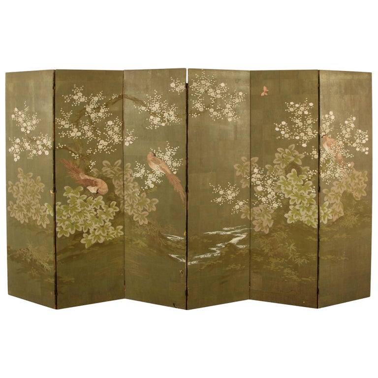 Large Six Panel Robert Crowder Hand Painted Screen with Branches and Birds