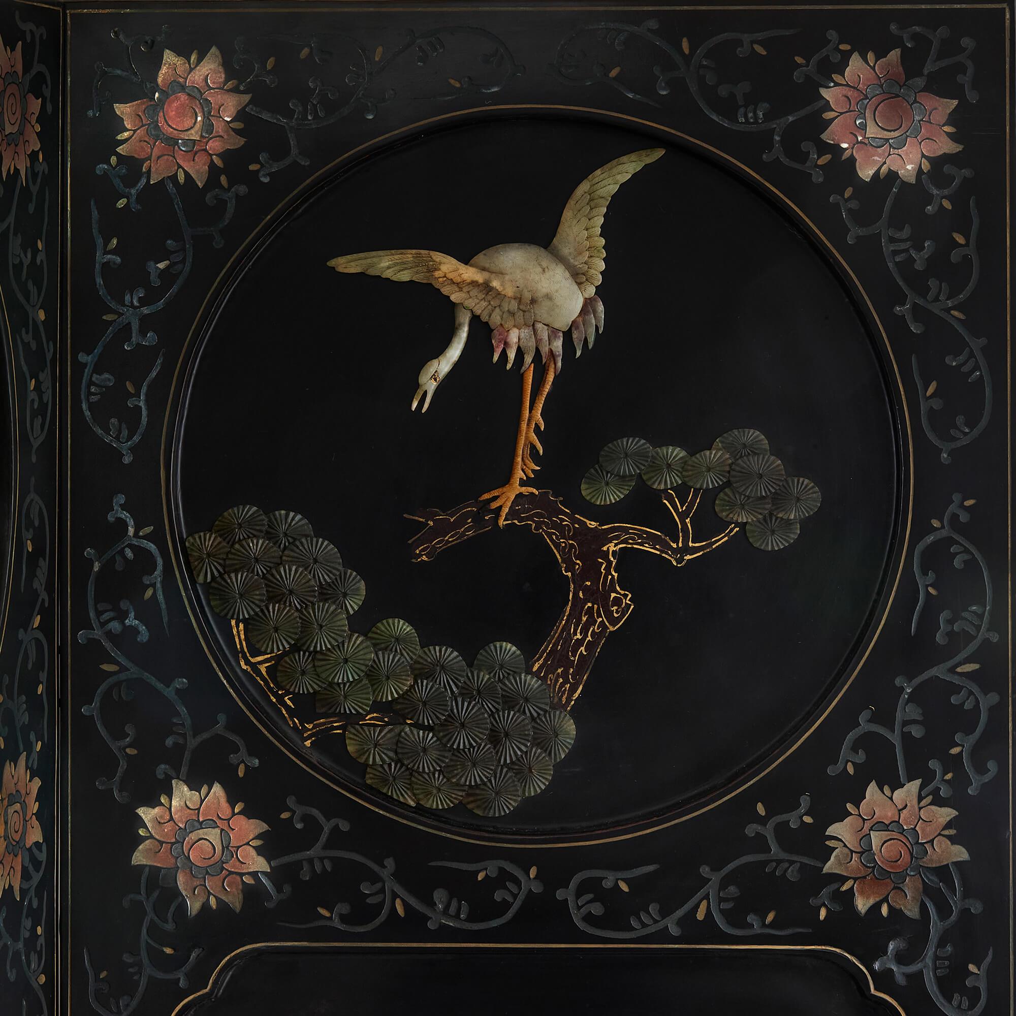Qing Large six-panelled Chinese hardstone and lacquered folding screen For Sale