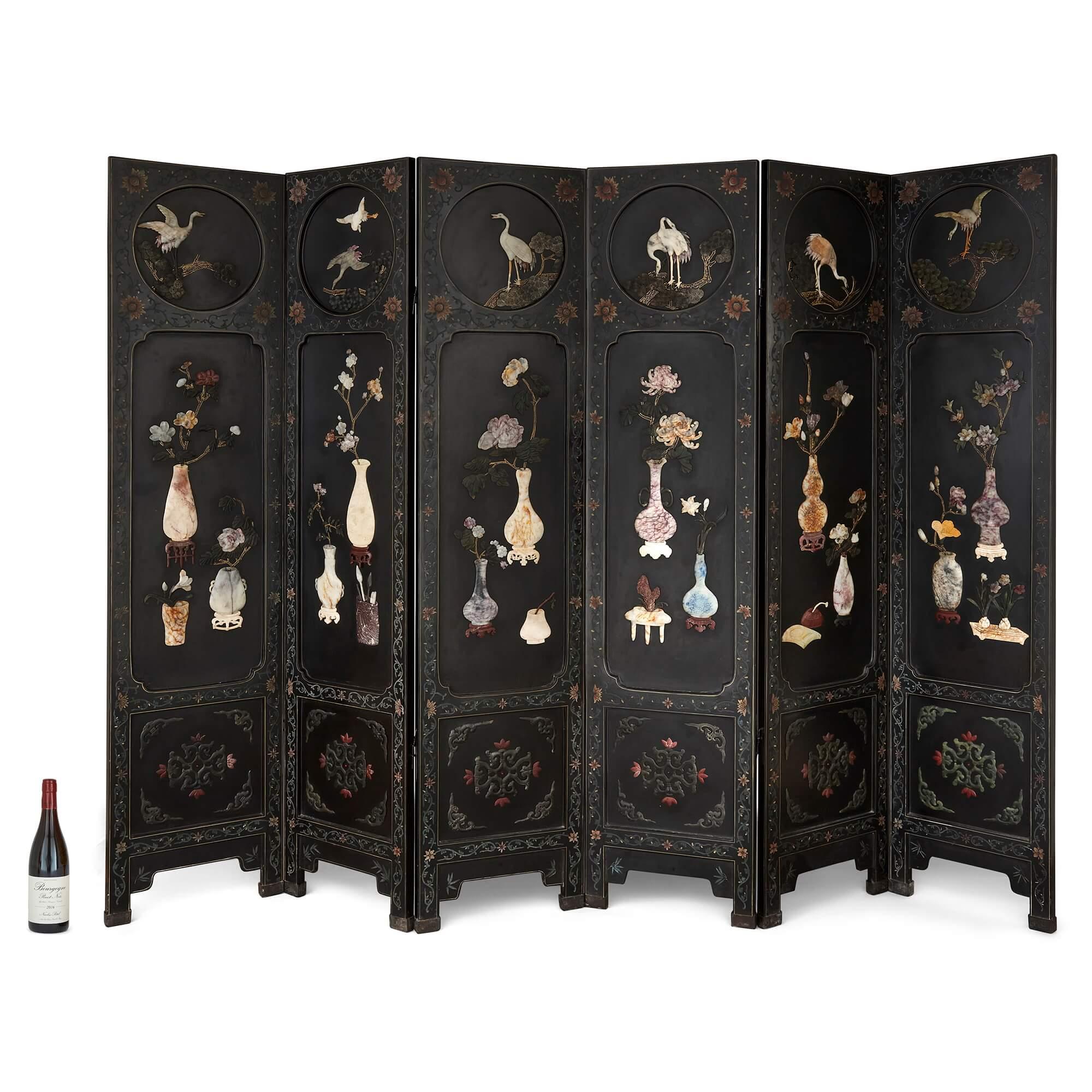 20th Century Large six-panelled Chinese hardstone and lacquered folding screen For Sale