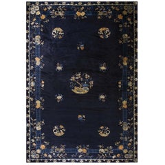 Large Size 1920s Blue Navy Antique Chinese Bat and Reindeer Design Peking Rug