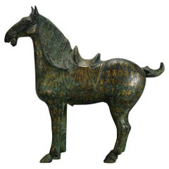 Big Size Ancient Bronze Standing Horse Statue with Full Gold Characters