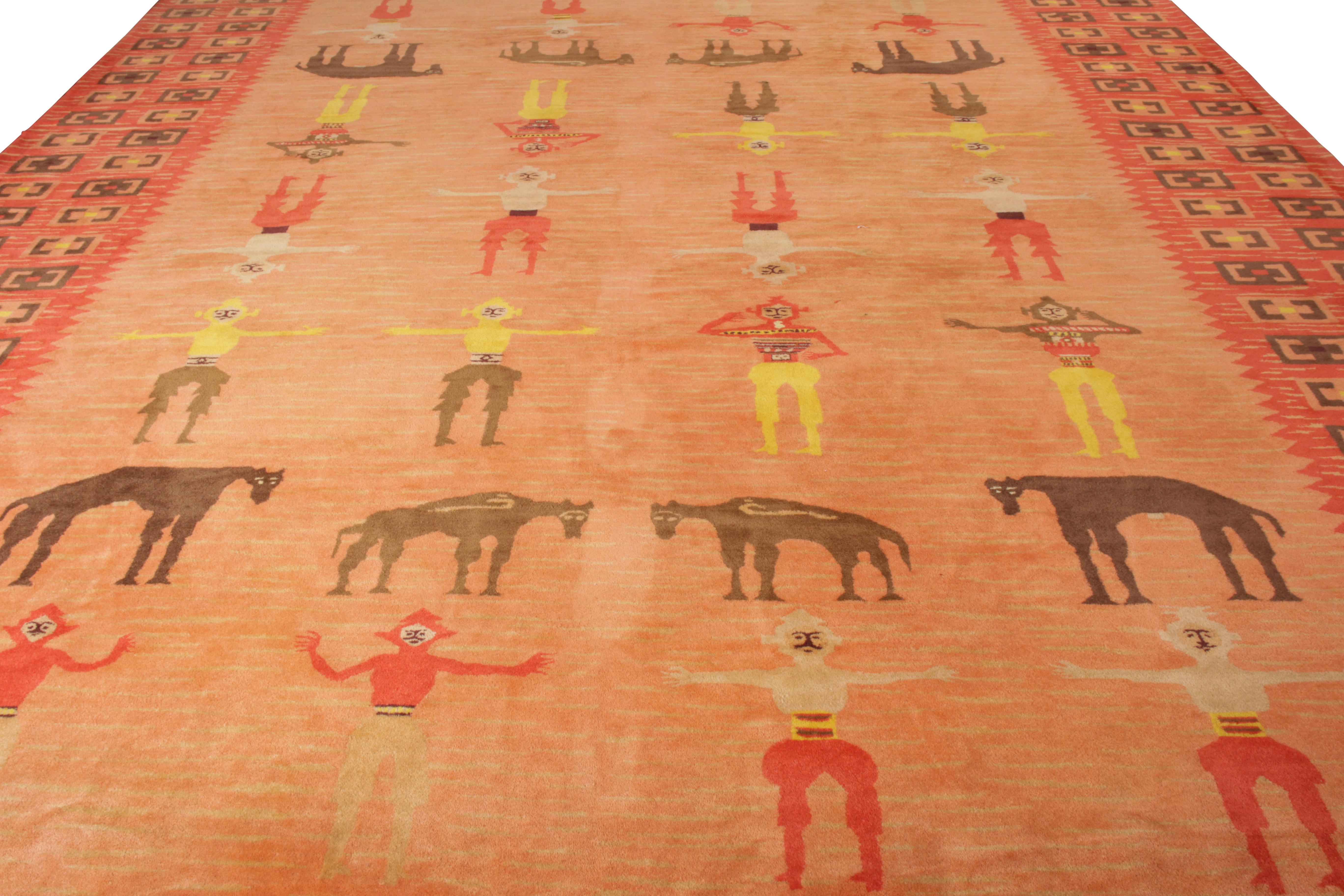 Hand knotted in wool circa 1950-1960, a rare vintage pictorial rug in 13x15 size. Believed to originate from Germany, enjoying a union of defined pictorial motifs portraying human and animal figures with a warm pink-red colorway palette—reflecting