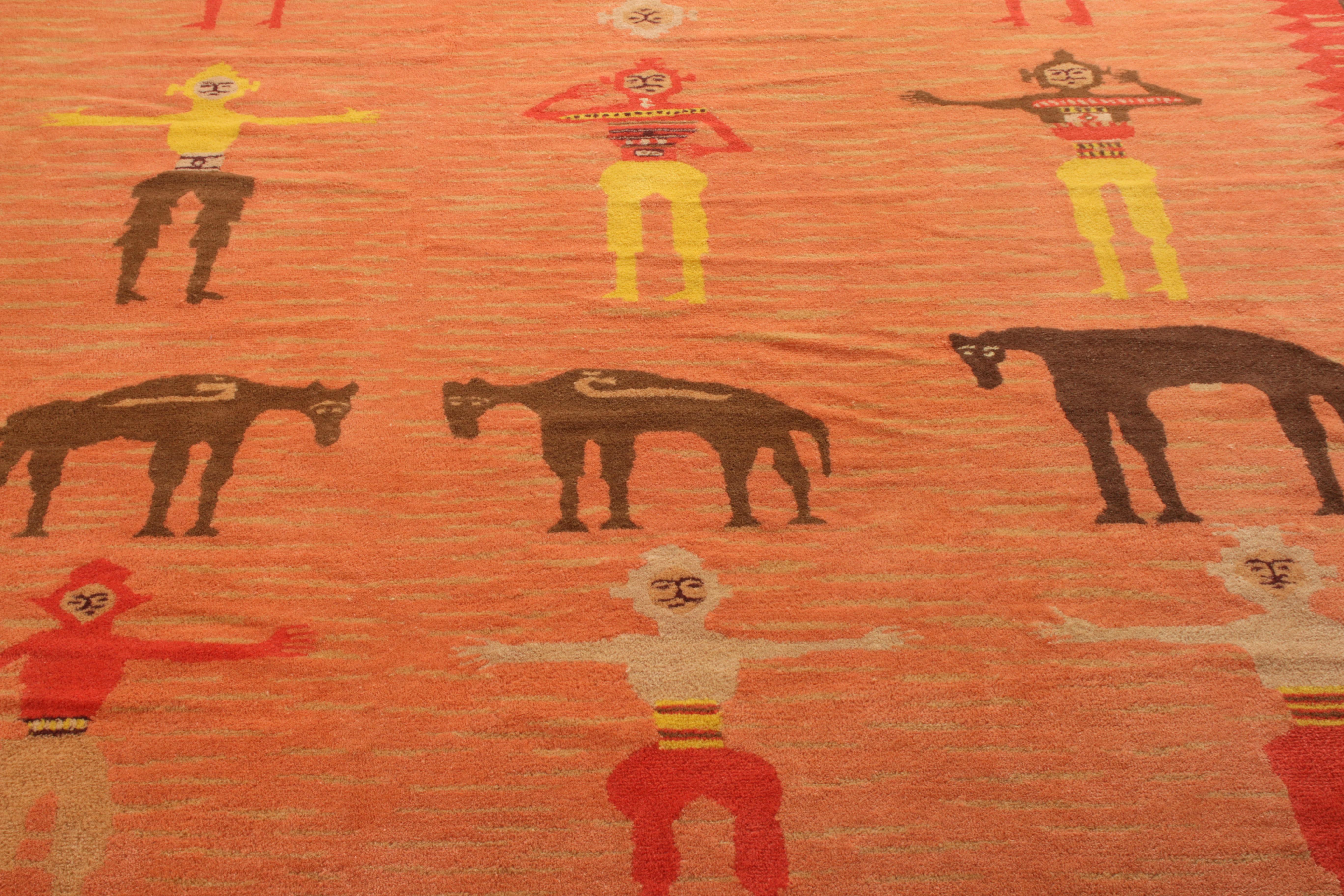 Handgeknüpfter Vintage-Teppich in Rot-Pink, Braun mit malerischem Muster (Deutsch) im Angebot
