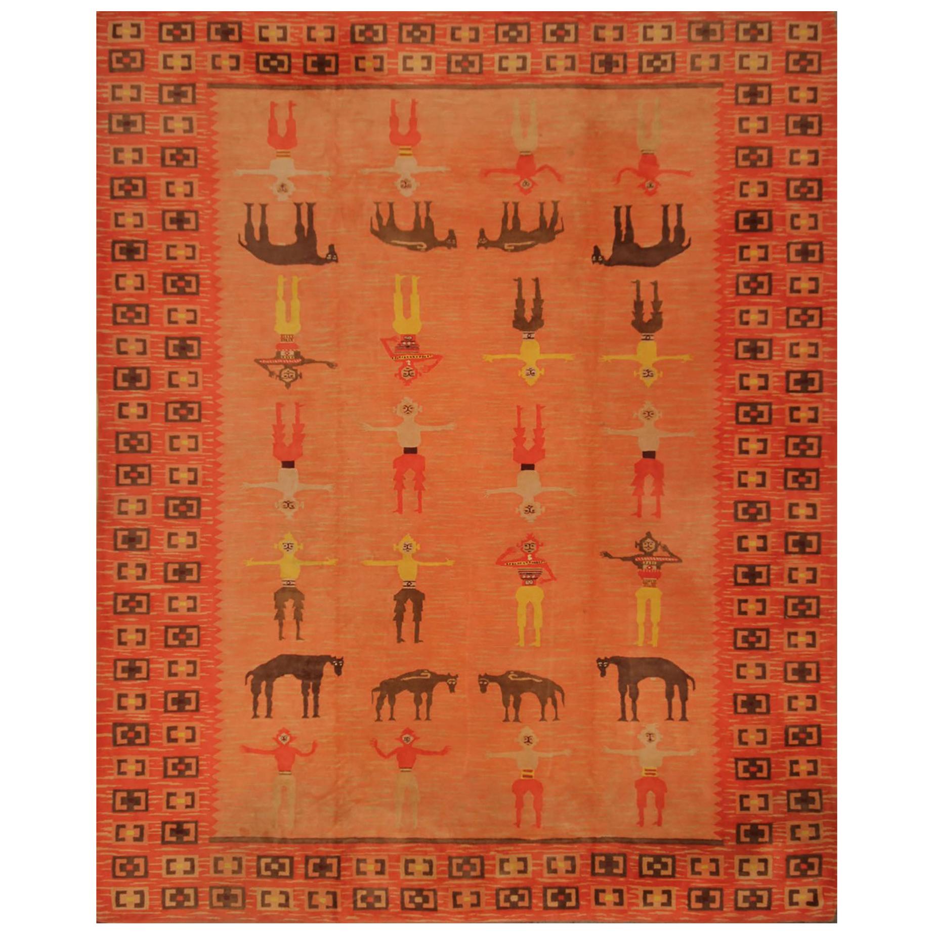 Hand-Knotted Vintage Rug in Red-Pink, Brown Pictorial Pattern