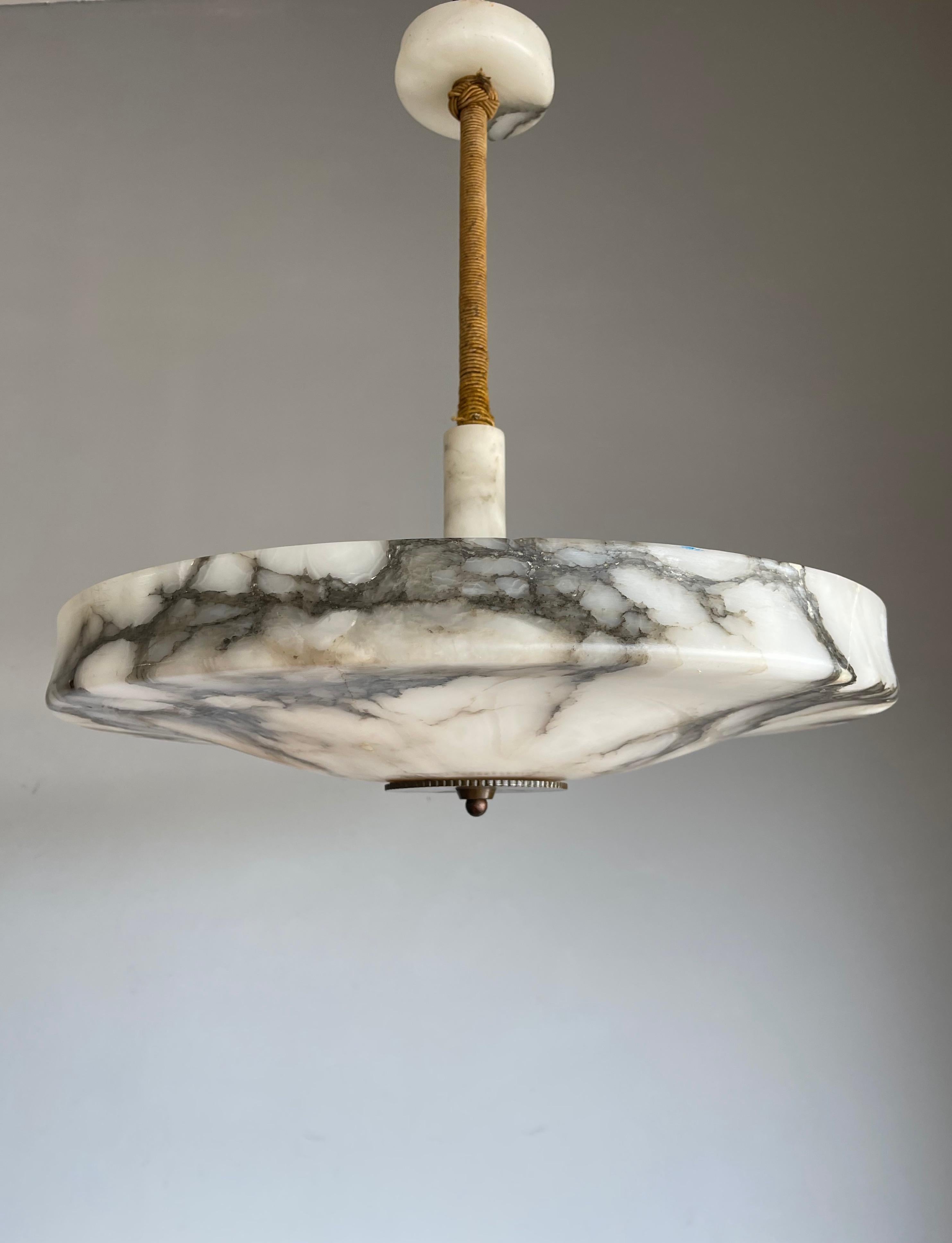 Hand-Crafted Large Size Art Deco Flush Mount w. Stunning Alabaster Shade, Canopy & Stem 1920