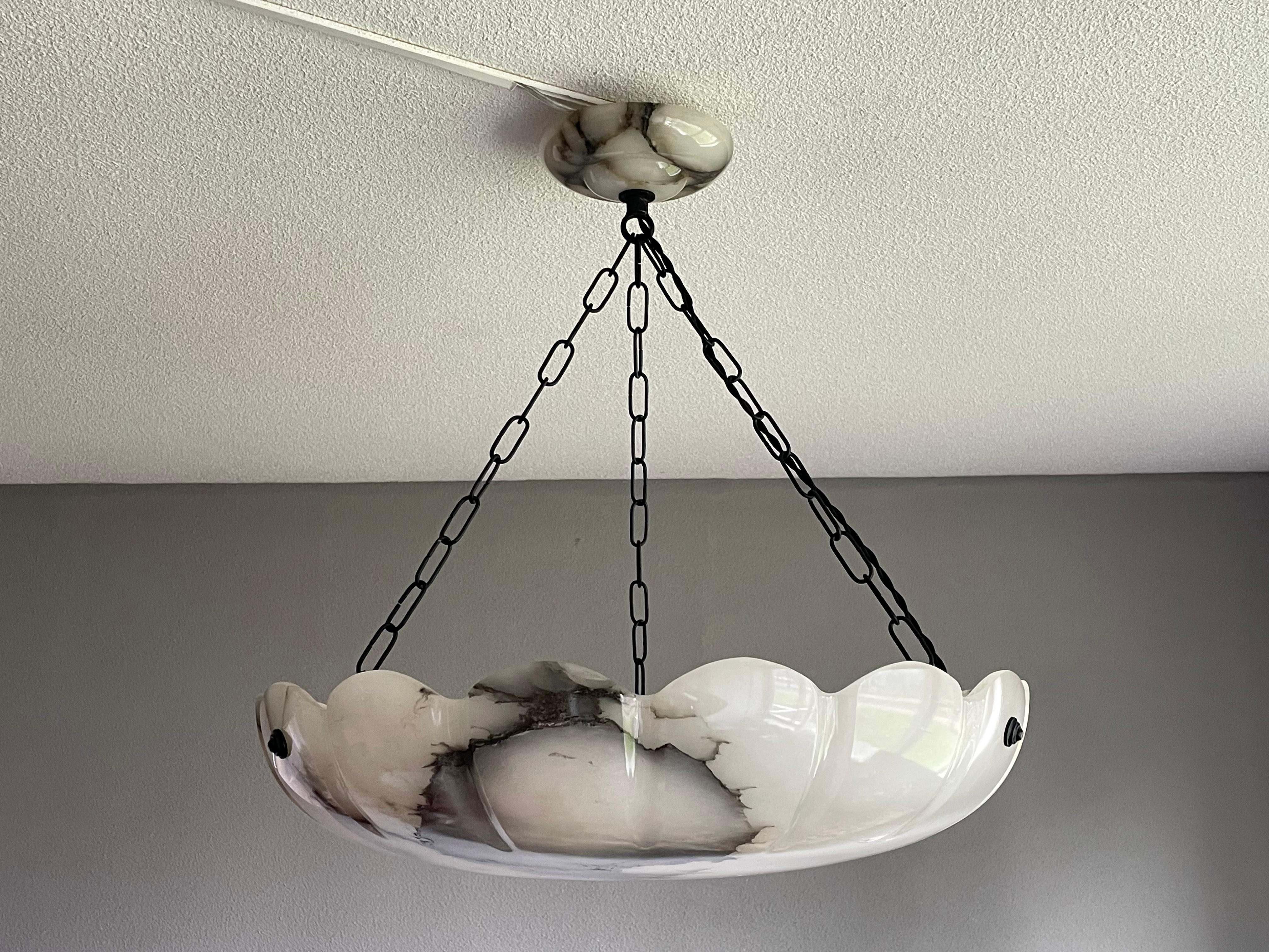 Large Size Art Deco White Alabaster & Black Veins Pendant / Flush Mount 1910s In Good Condition For Sale In Lisse, NL