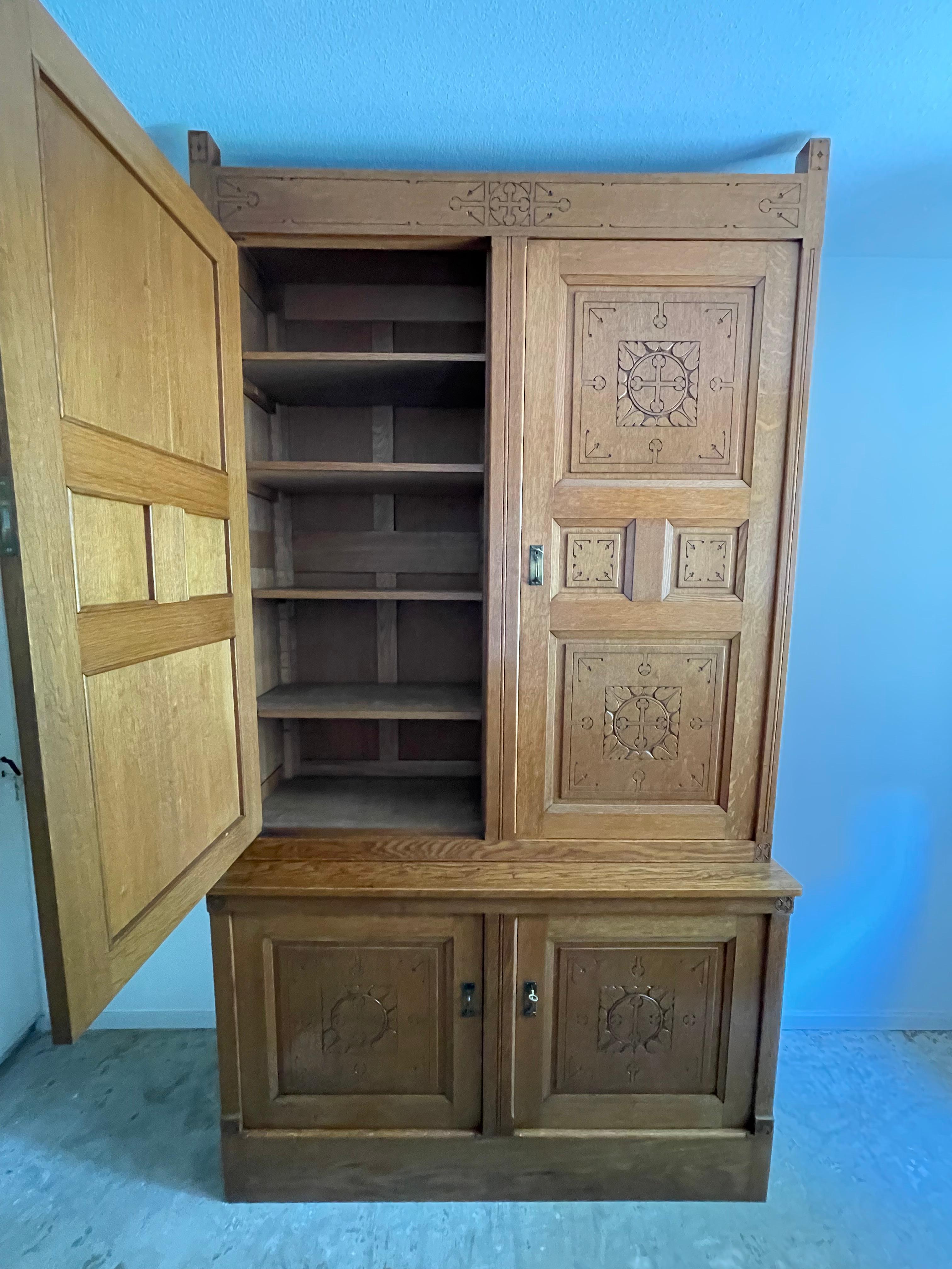 Large Size, Antique Gothic Revival Hand Carved Oak Monastery Bookcase / Cabinet For Sale 5