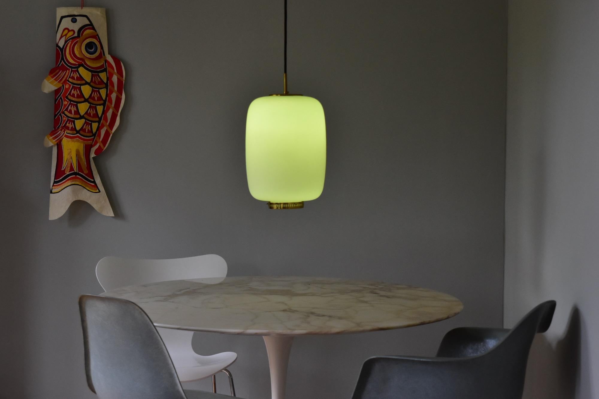 Mid-20th Century Large Size Bent Karlby Kina Pendant Lamp Brass and Opaline by Lyfa, Denmark