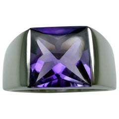 Large Size Cartier Blue Amethyst Square Cushion Cut 18k White Gold Tank Ring 51