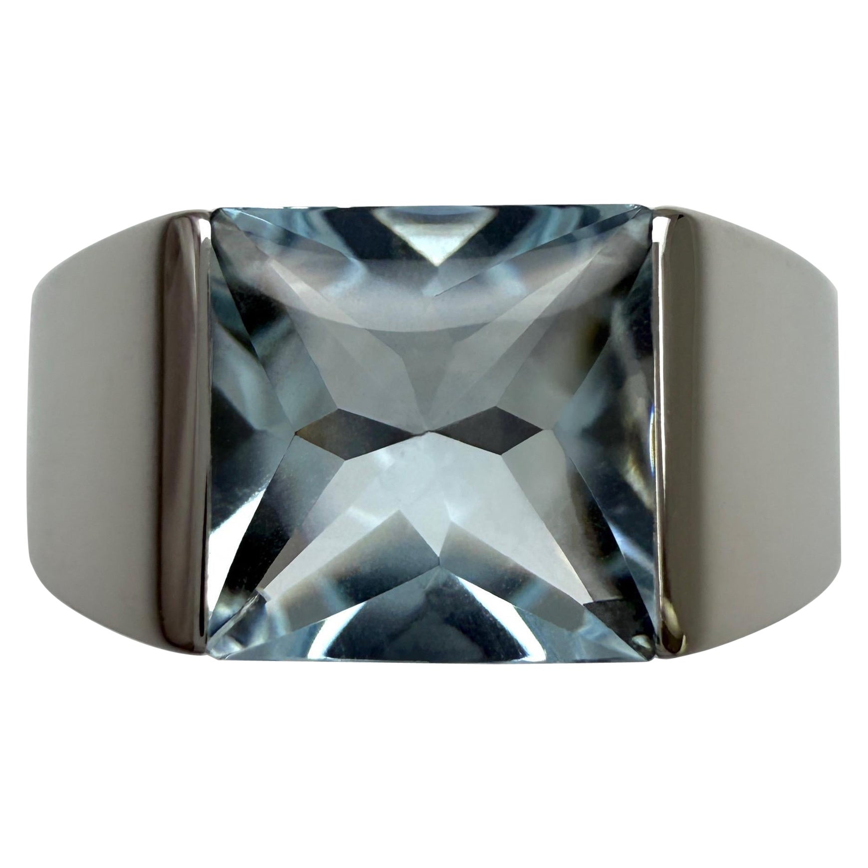 Large Size Cartier Blue Aquamarine Square Cushion Cut 18k White Gold Tank Ring