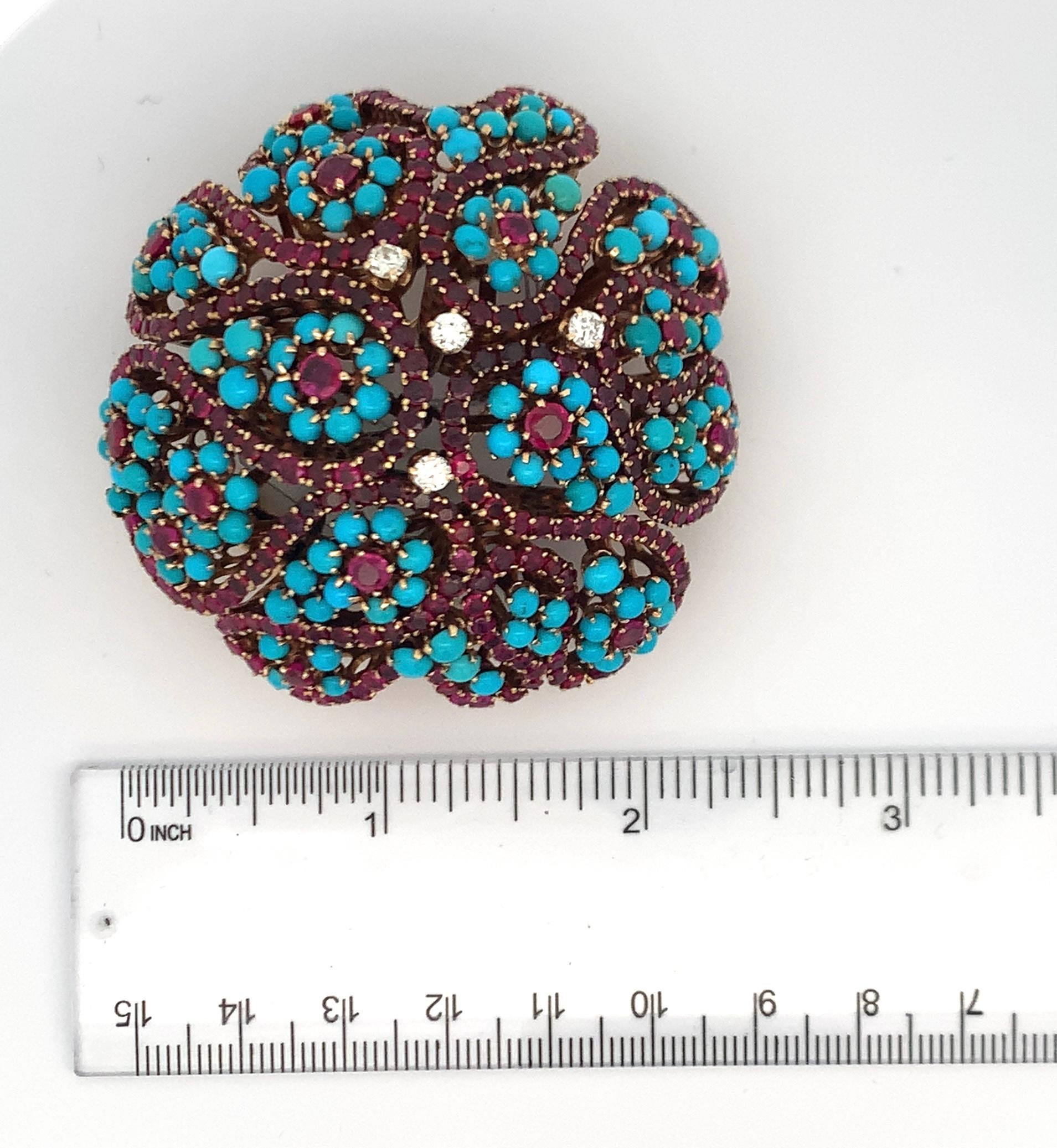 Women's or Men's Large Size Cartier Turquoise and Ruby Brooch For Sale