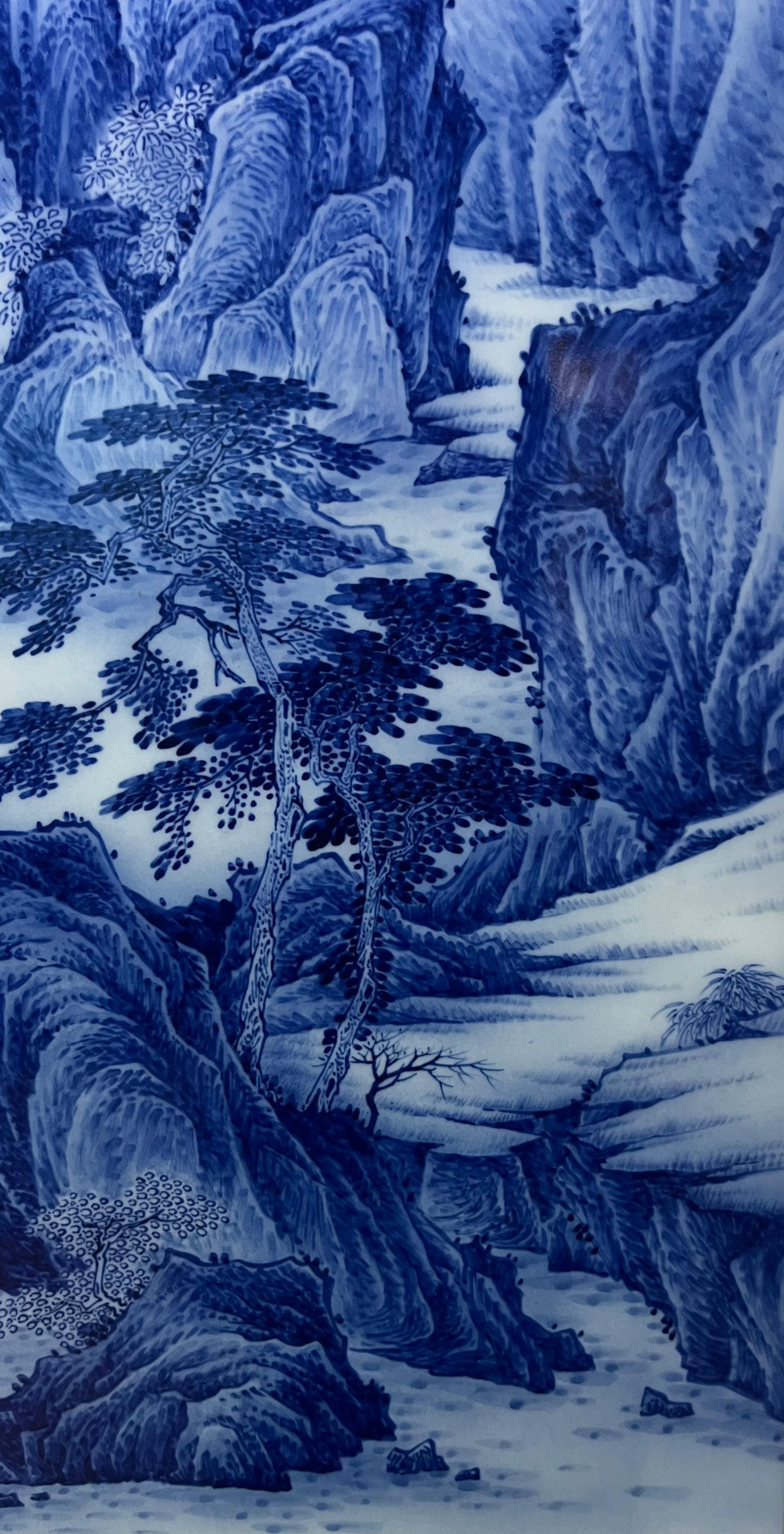 Large Size Chinese Artist Hand-pained Blue White Landscape Porcelain Plaque For Sale 6